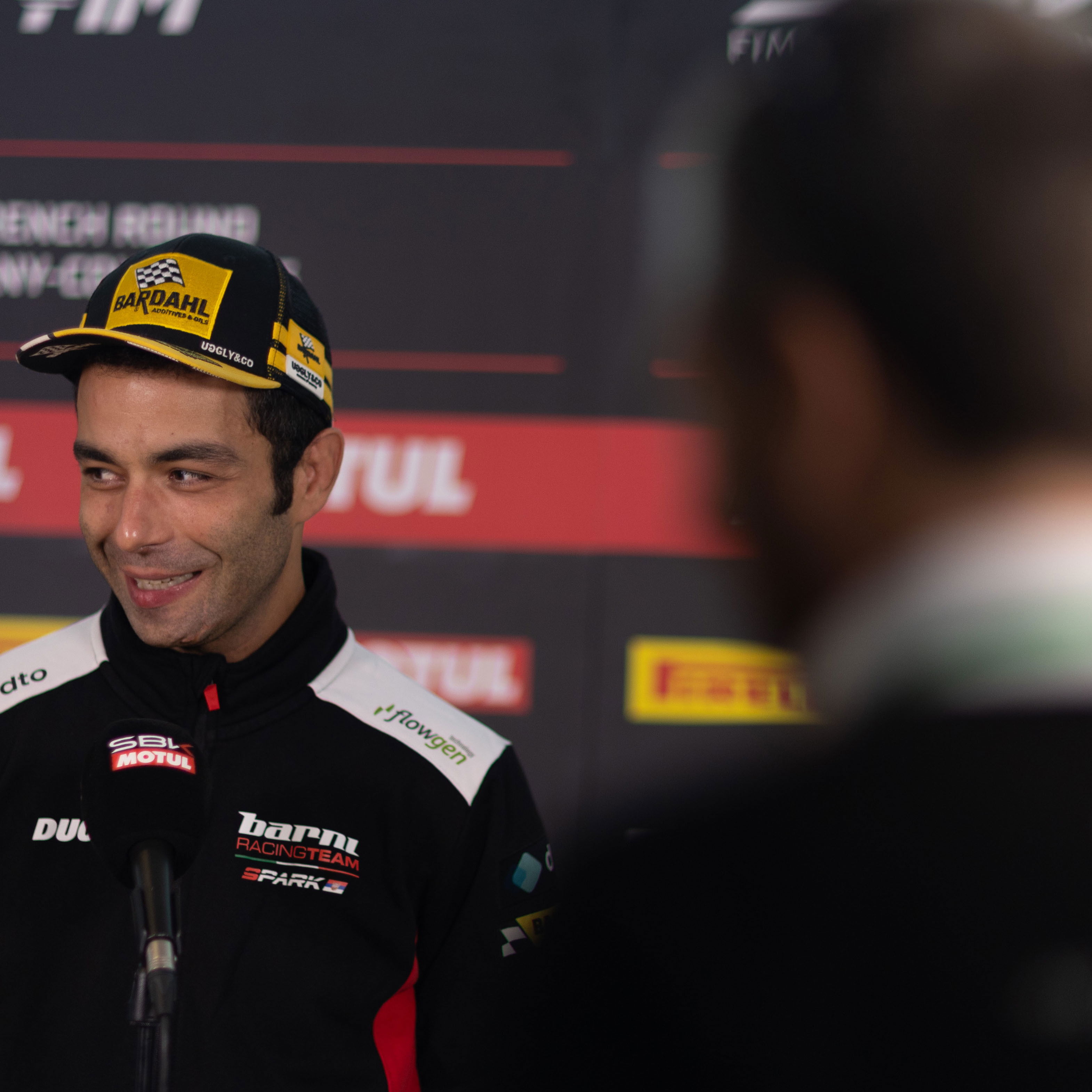 Danilo Petrucci speaks to the media at 2025 French WorldSBK. Credit: Gold and Goose.