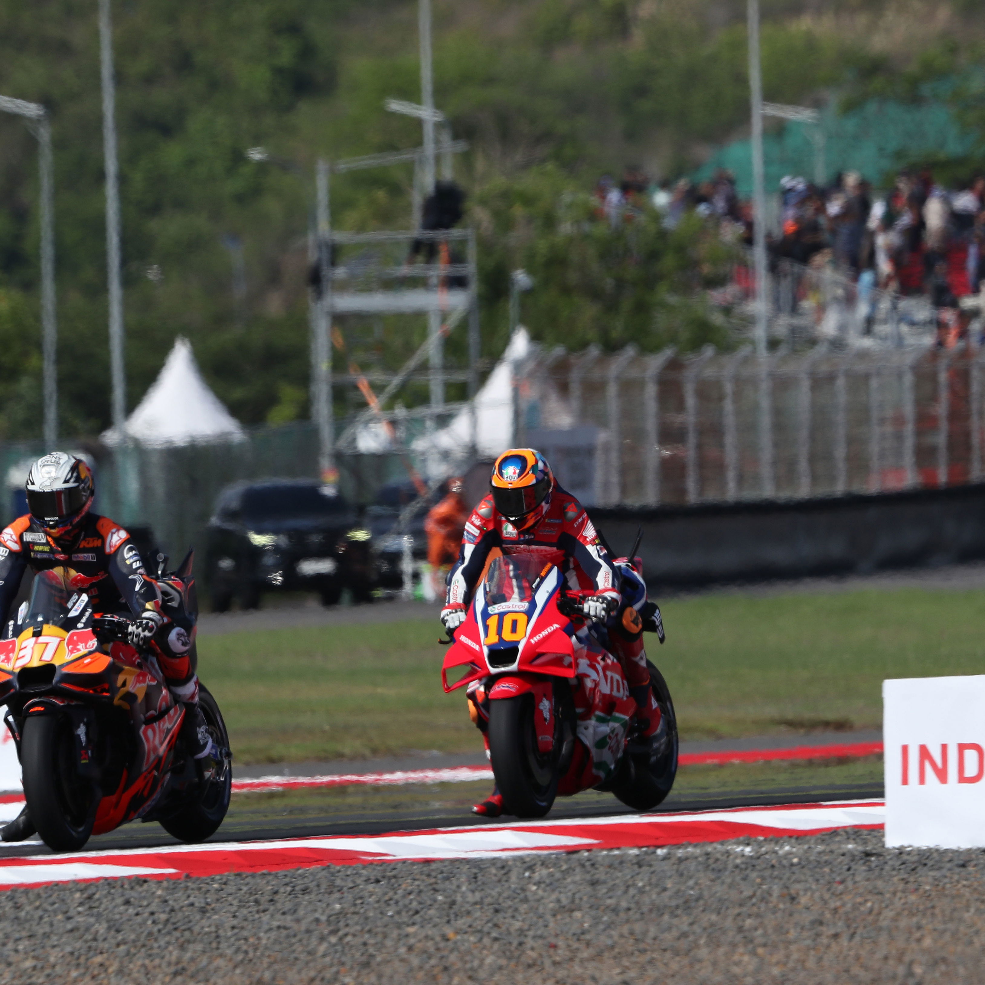 Pedro Acosta leads Luca Marini, 2025 MotoGP Indonesian Grand Prix. Credit: Gold and Goose.