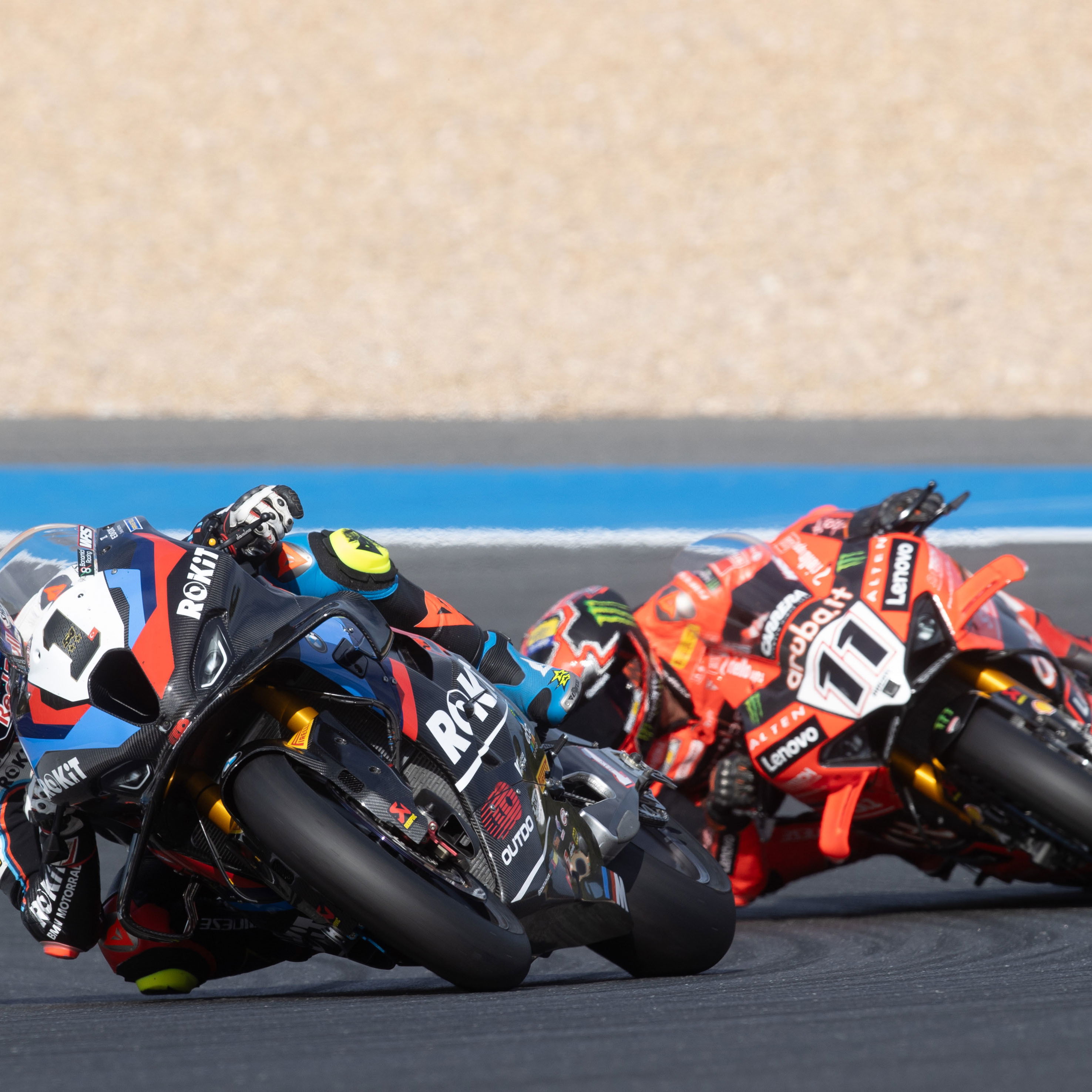Toprak Razgatlioglu, Nicolo Bulega, 2025 Estoril WorldSBK. Credit: Gold and Goose.