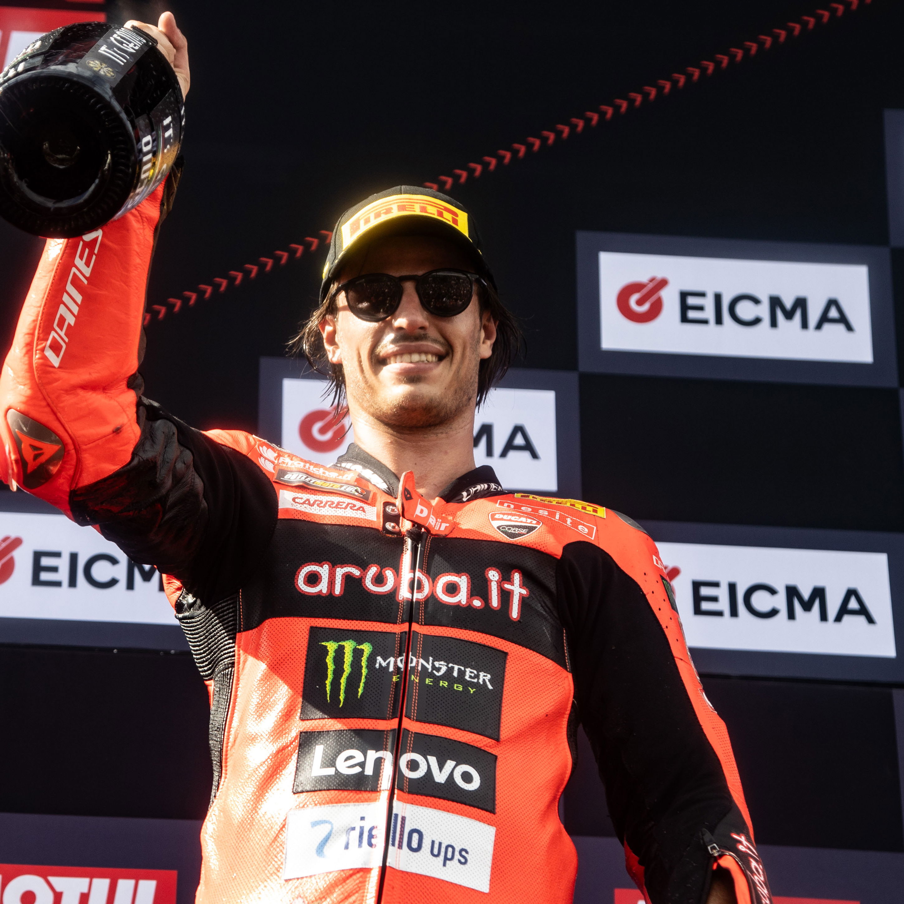 Nicolo Bulega, 2025 Estoril WorldSBK, podium. Credit: Gold and Goose.