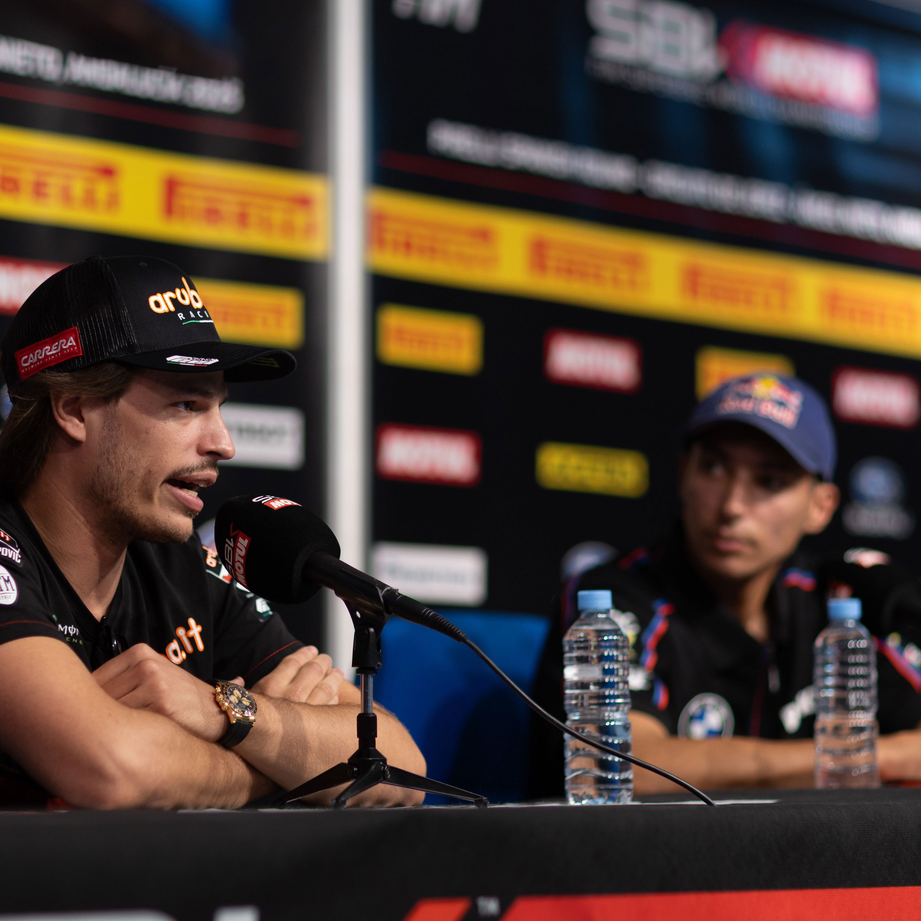 Nicolo Bulega, Toprak Razgatlioglu, 2025 Spanish WorldSBK, pre-event press conference. Credit: Gold and Goose.