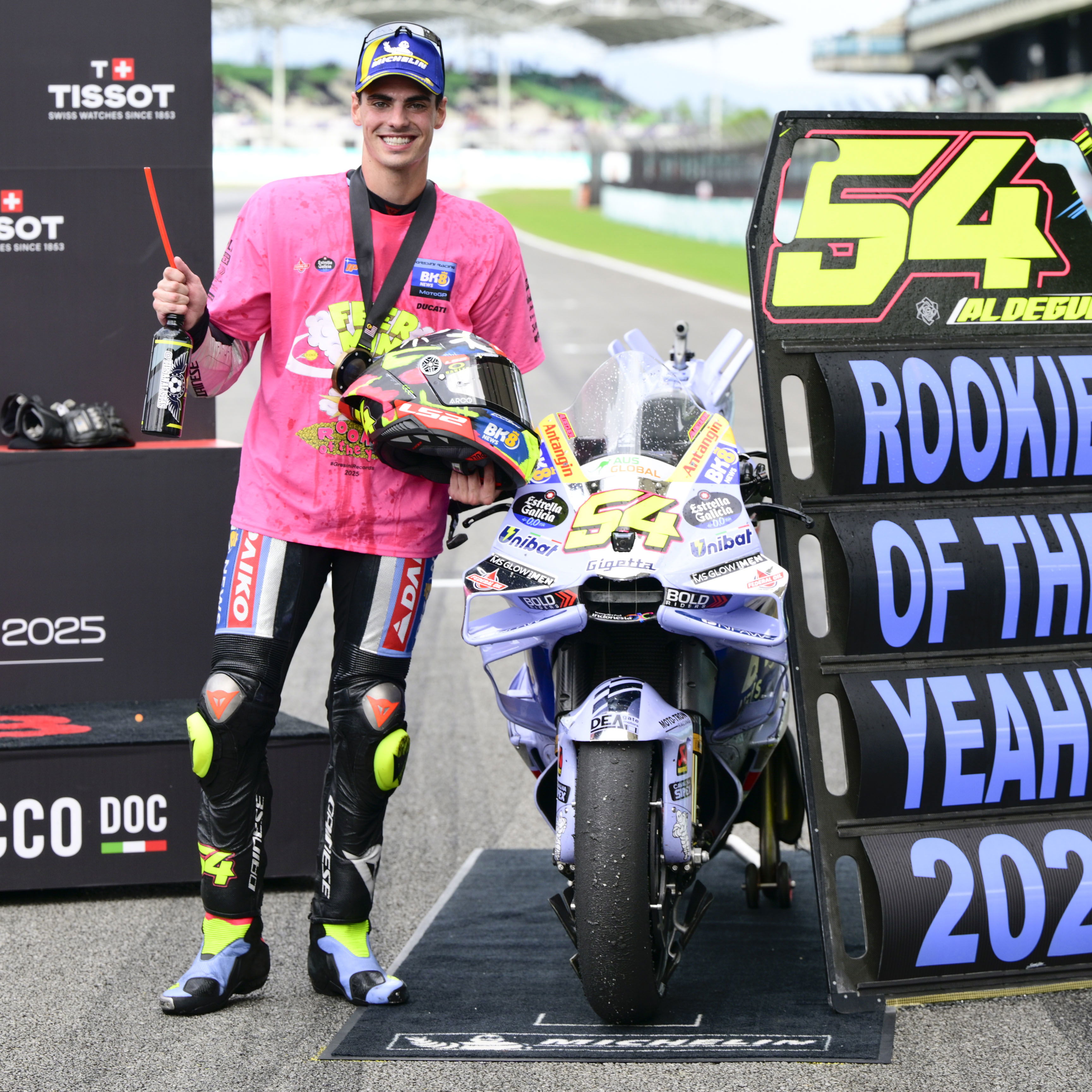 Fermin Aldeguer celebrates 2025 MotoGP rookie of the year title. Credit: Gold and Goose.