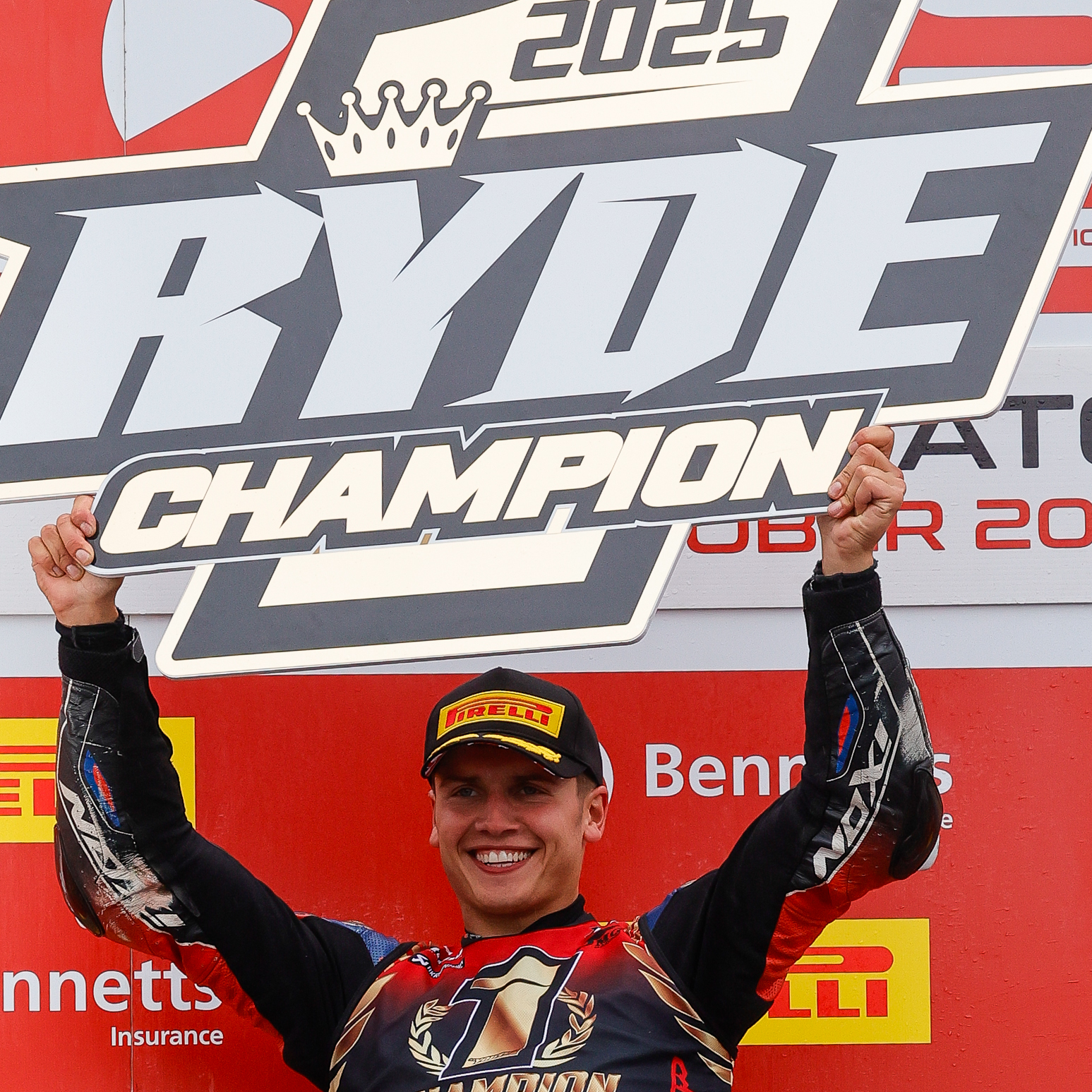 Kyle Ryde, 2025 Brands Hatch (2) BSB, championship podium. Credit: Ian Hopgood Photography.