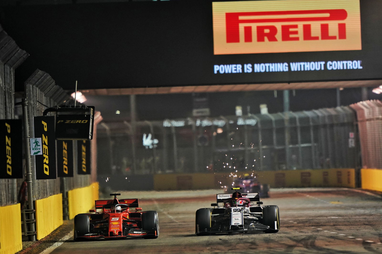 Antonio Giovinazzi battles Sebastian Vettel