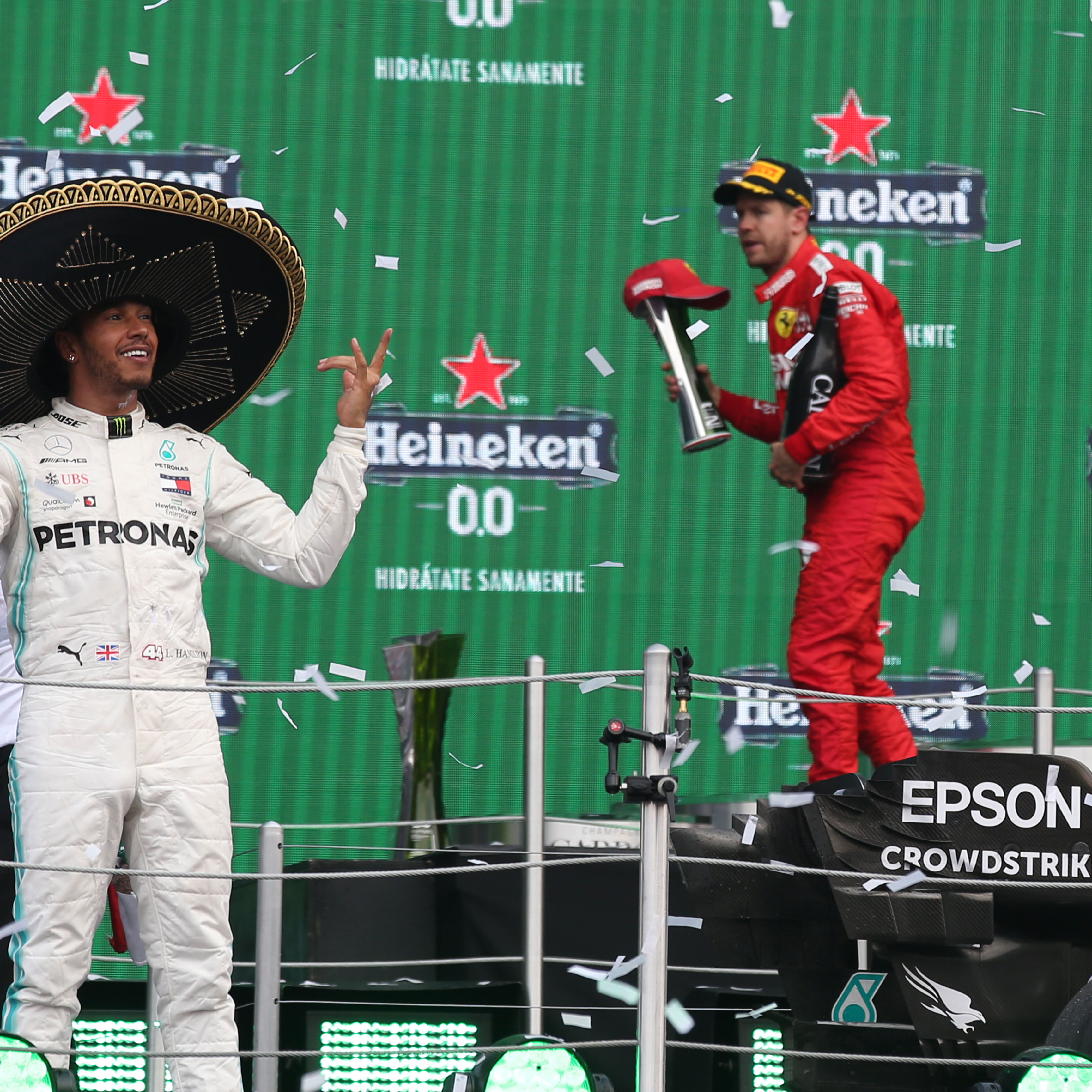 Lewis Hamilton celebrates in Mexico in 2019 
