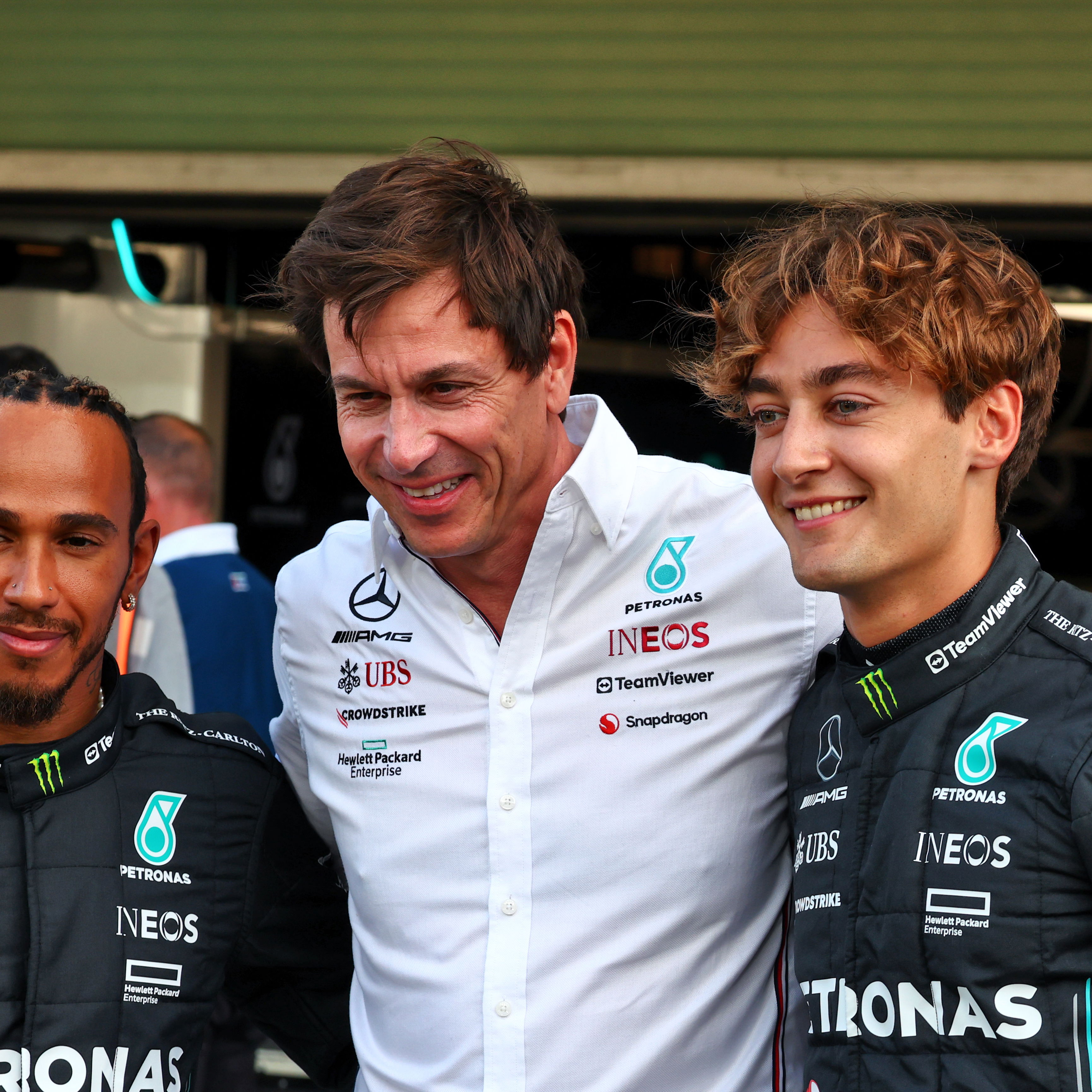 Lewis Hamilton, Toto Wolff and George Russell