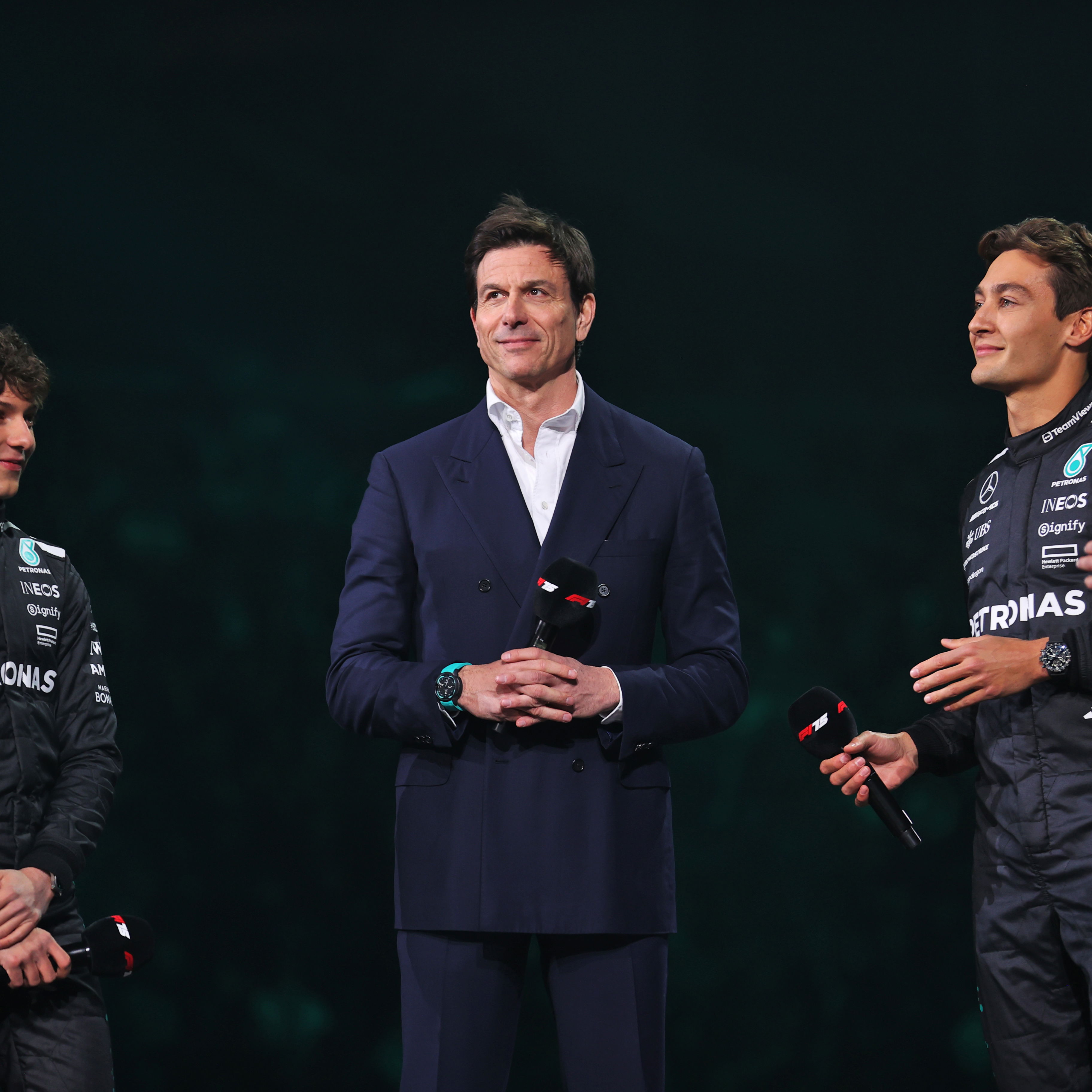 Kimi Antonelli, Toto Wolff and George Russell