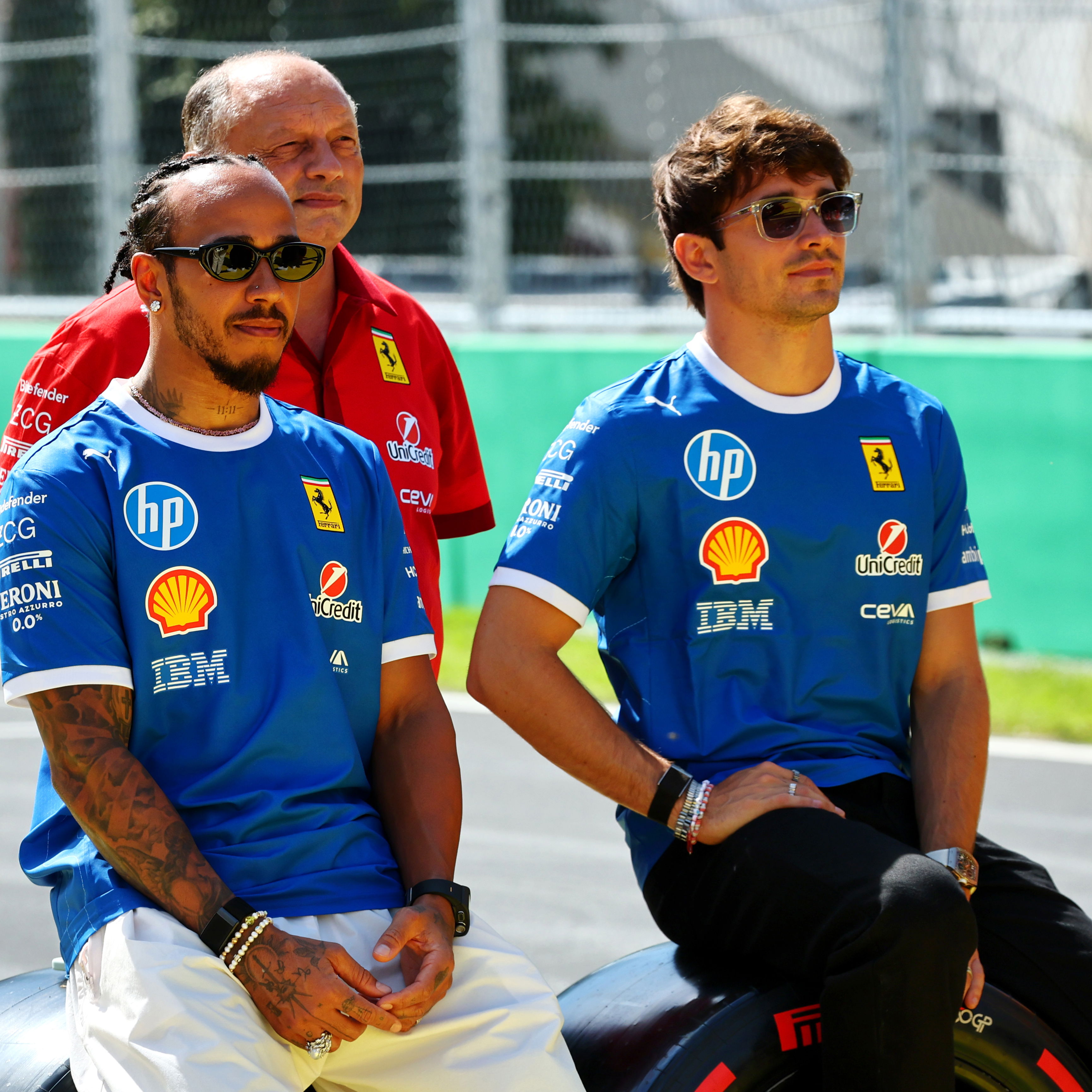 Frederic Vasseur, Lewis Hamilton and Charles Leclerc