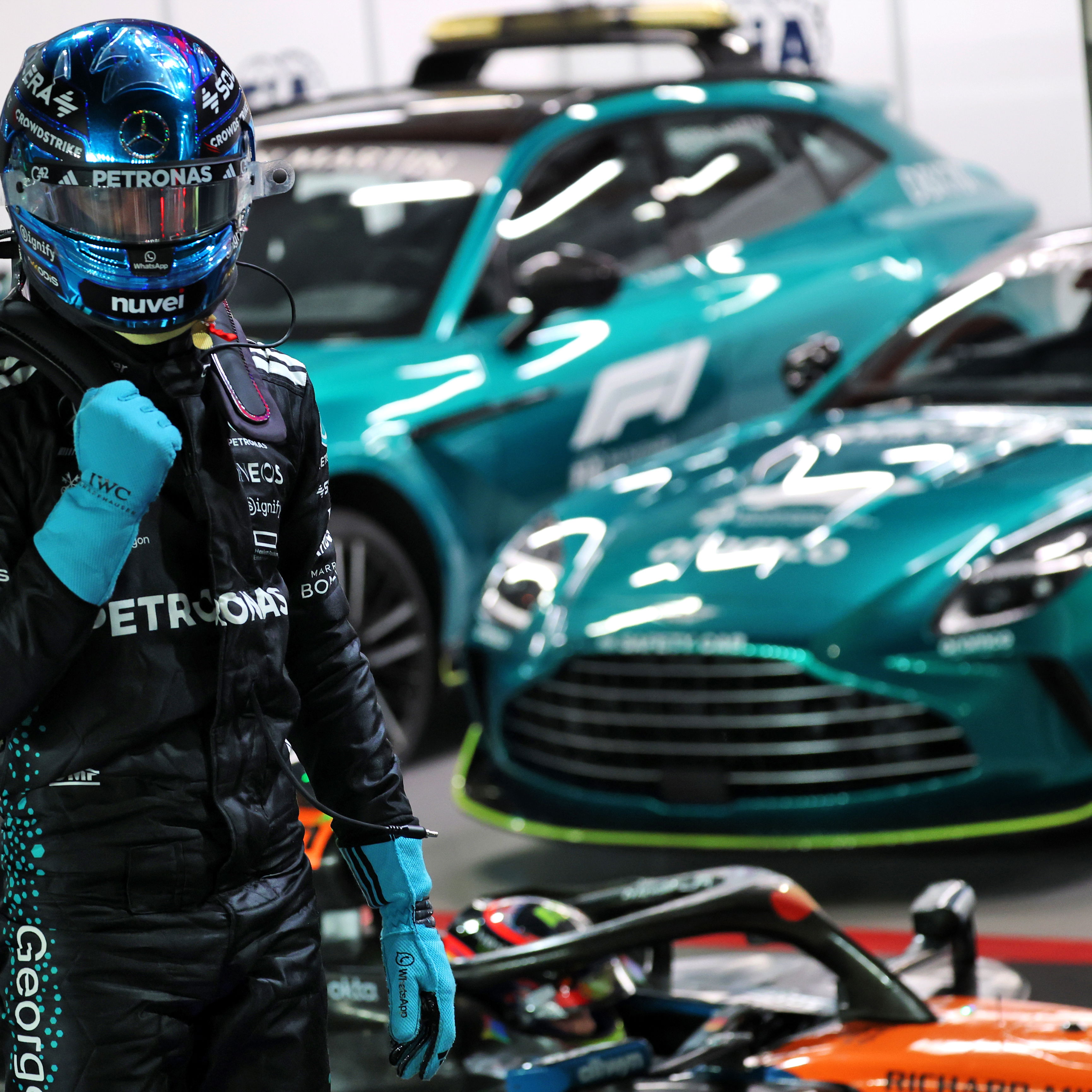 Russell celebrates pole position 
