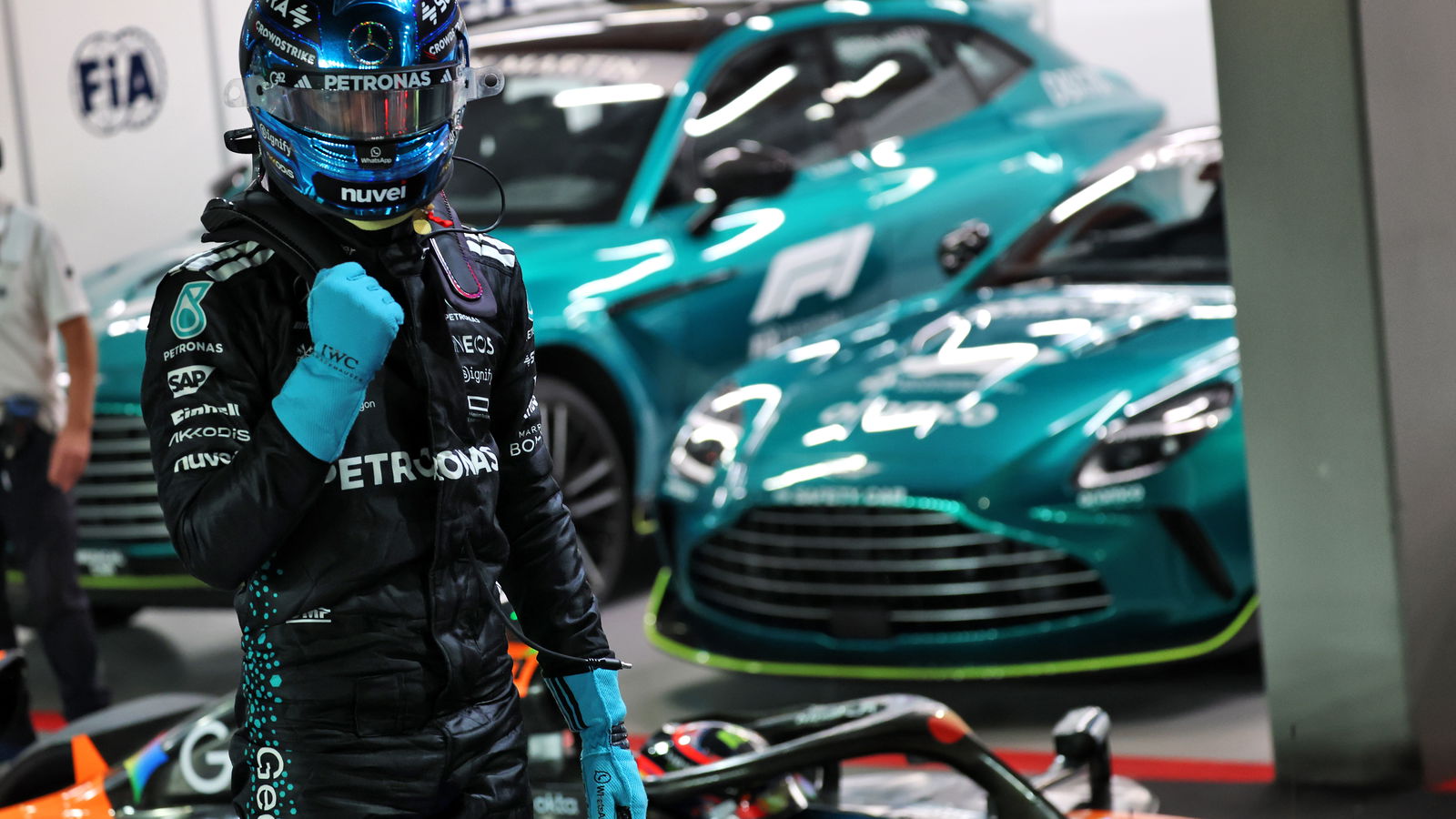 Russell celebrates pole position 