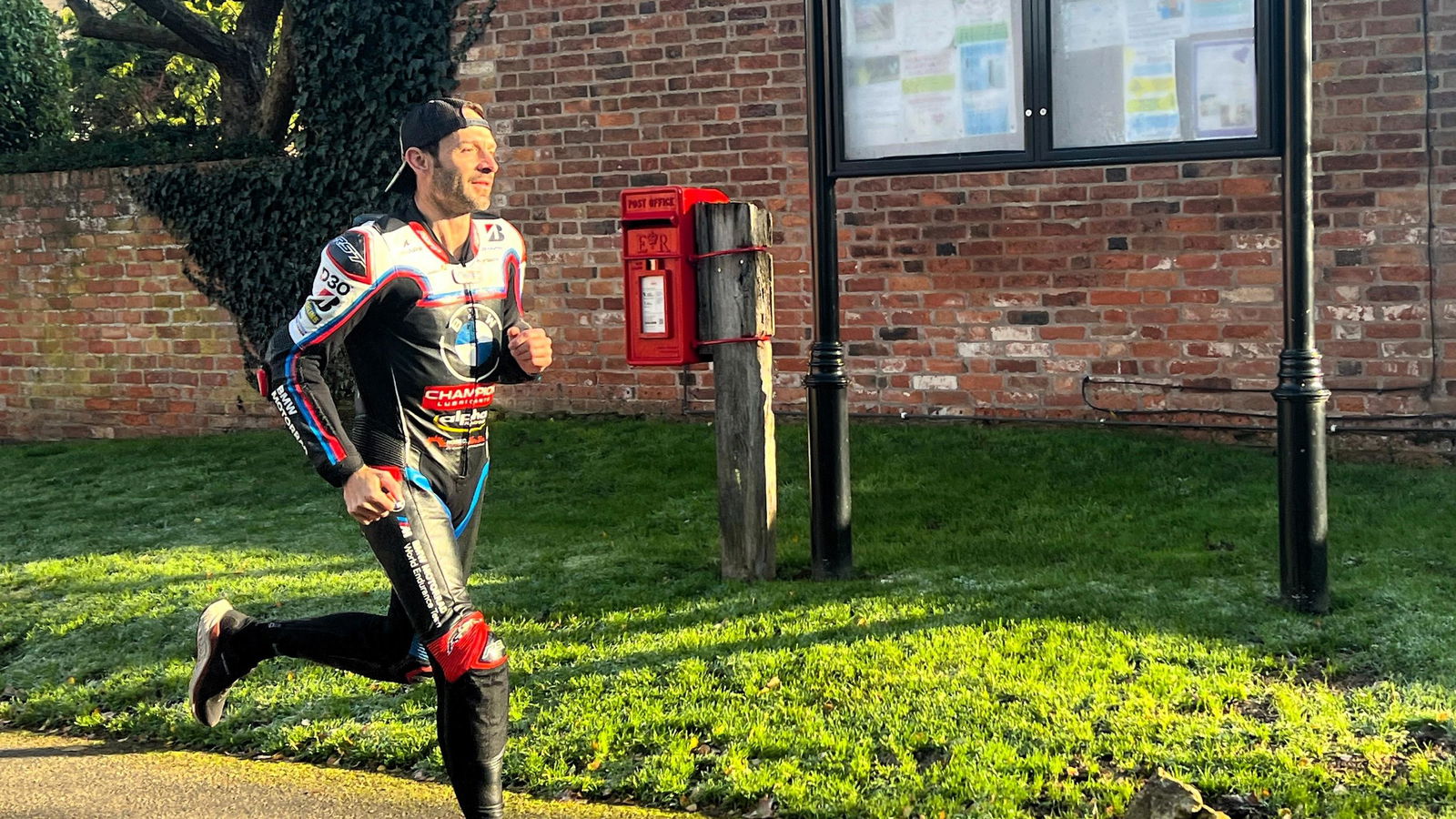 Sylvain Guintoli training to run the 2026 London Marathon, in his leathers!