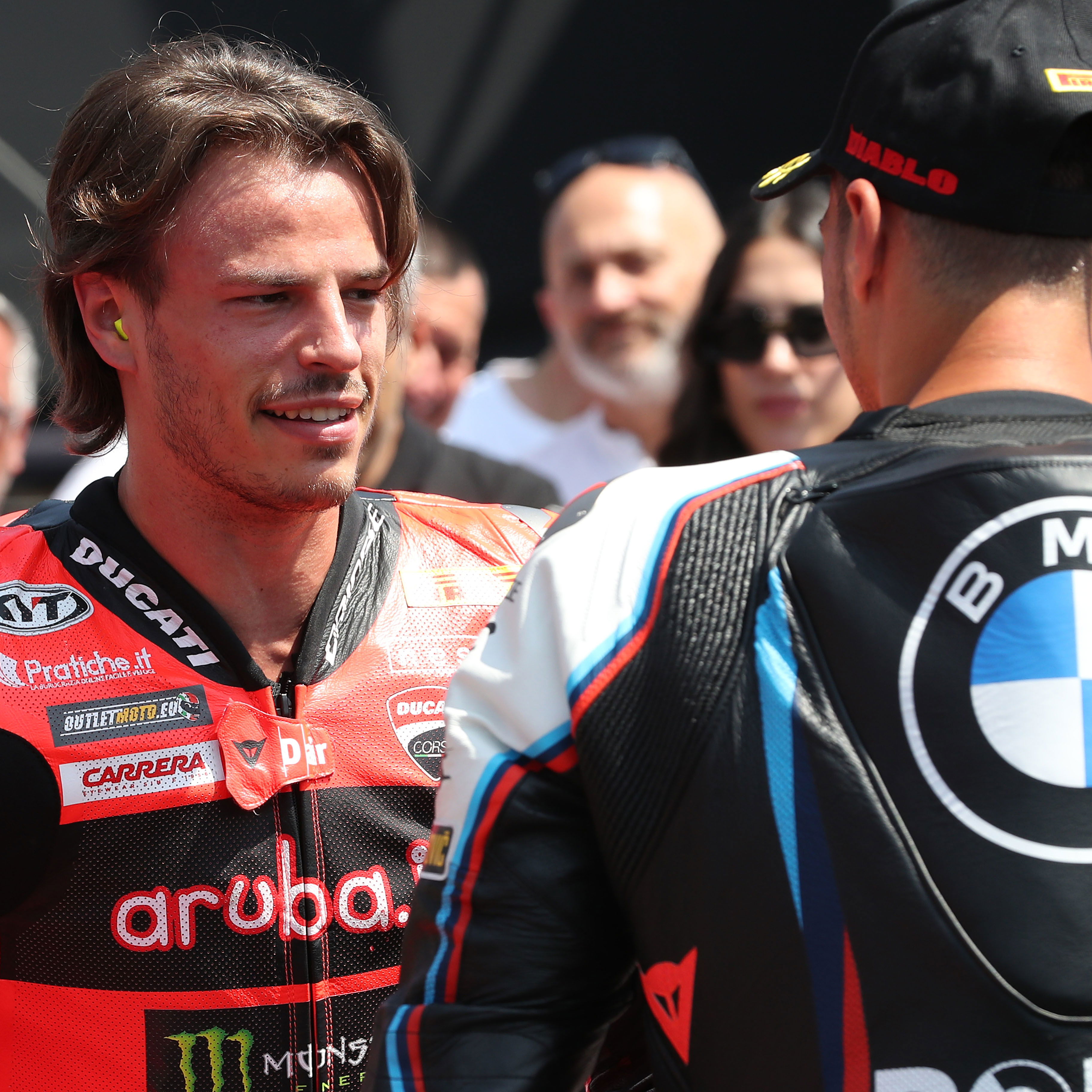 Toprak Razgatlioglu, Nicolo Bulega, 2025 Emilia-Romagna WorldSBK, parc ferme. Credit: Gold and Goose.