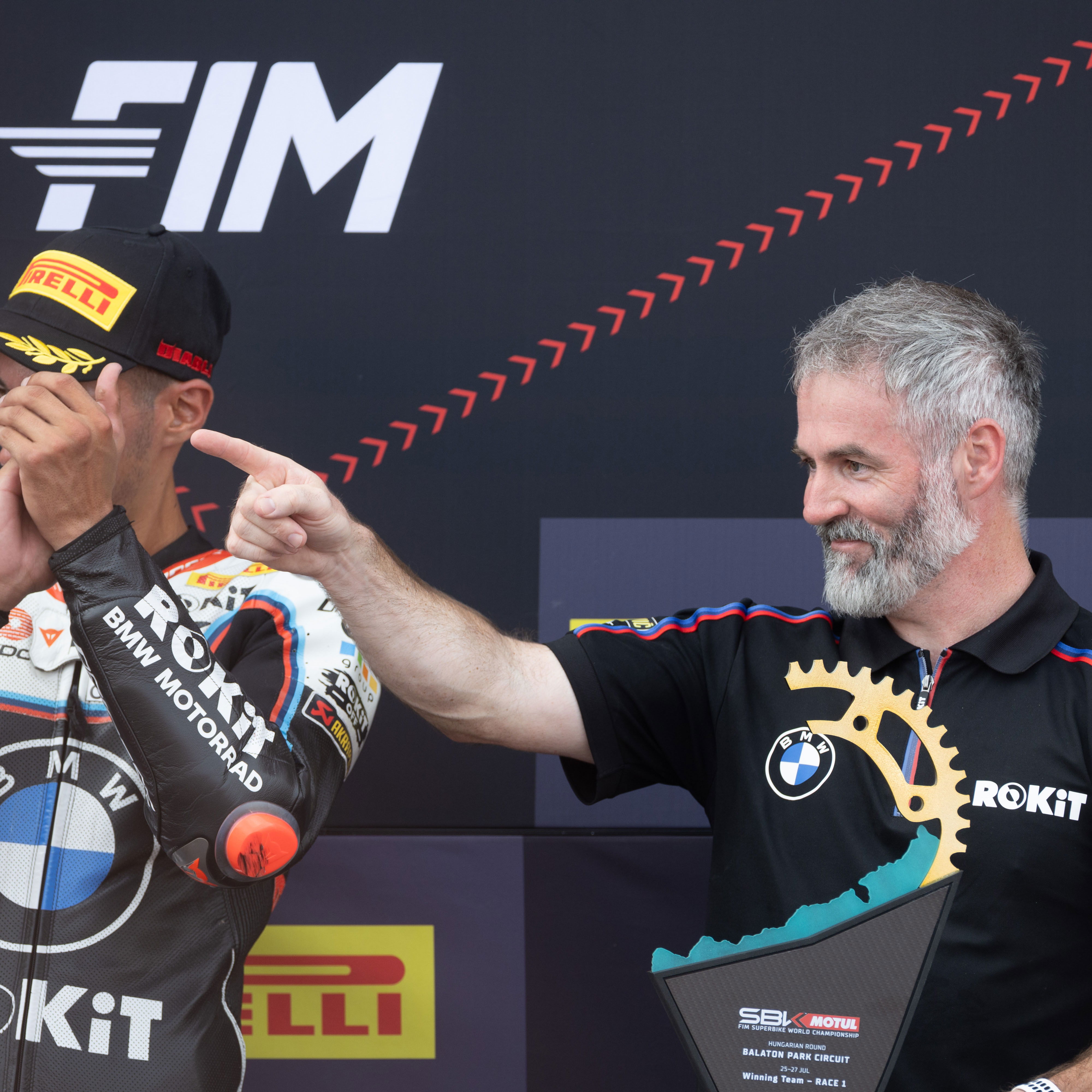 Toprak Razgatlioglu, Phil Marron, 2025 Hungarian WorldSBK, podium. Credit: Gold and Goose.
