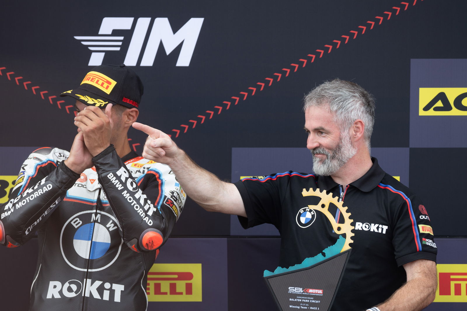 Toprak Razgatlioglu, Phil Marron, 2025 Hungarian WorldSBK, podium. Credit: Gold and Goose.