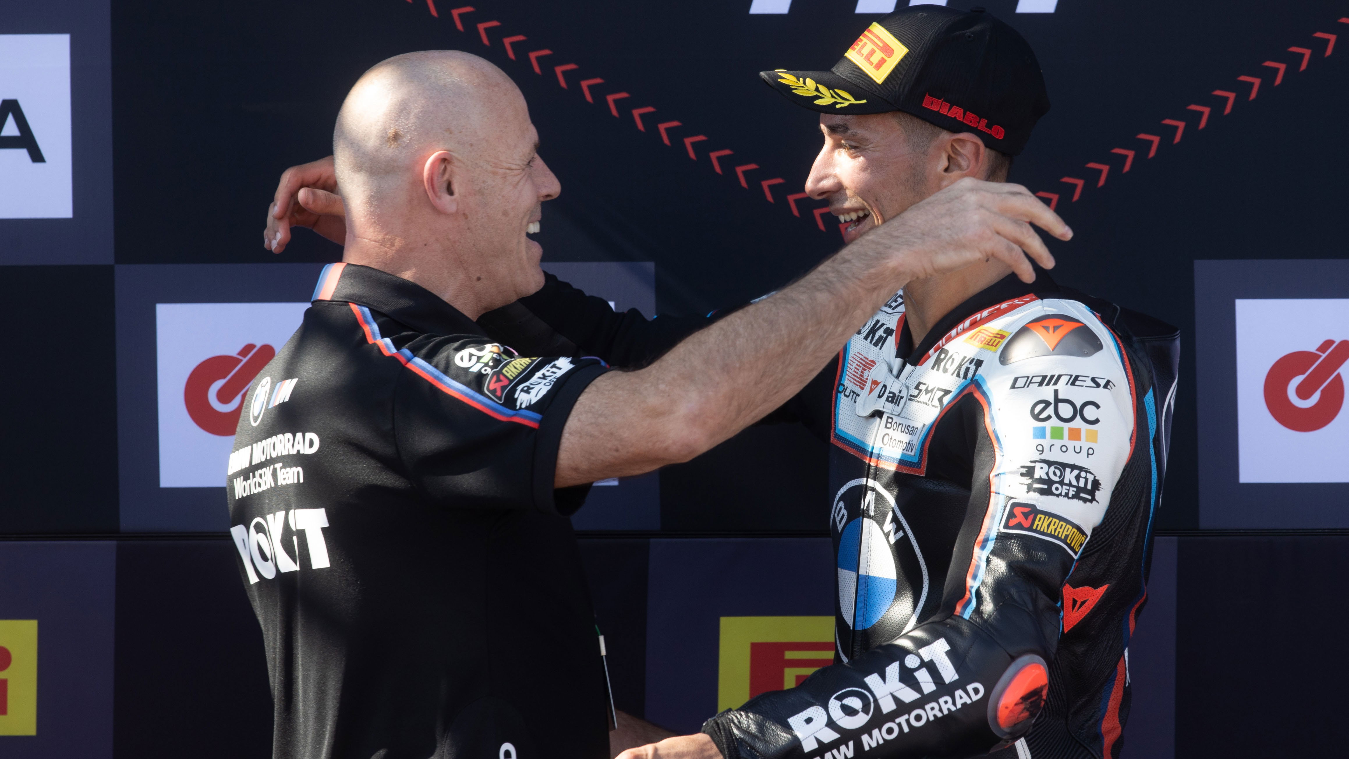Shaun Muir, Toprak Razgatlioglu, 2025 Estoril WorldSBK, podium. Credit: Gold and Goose.