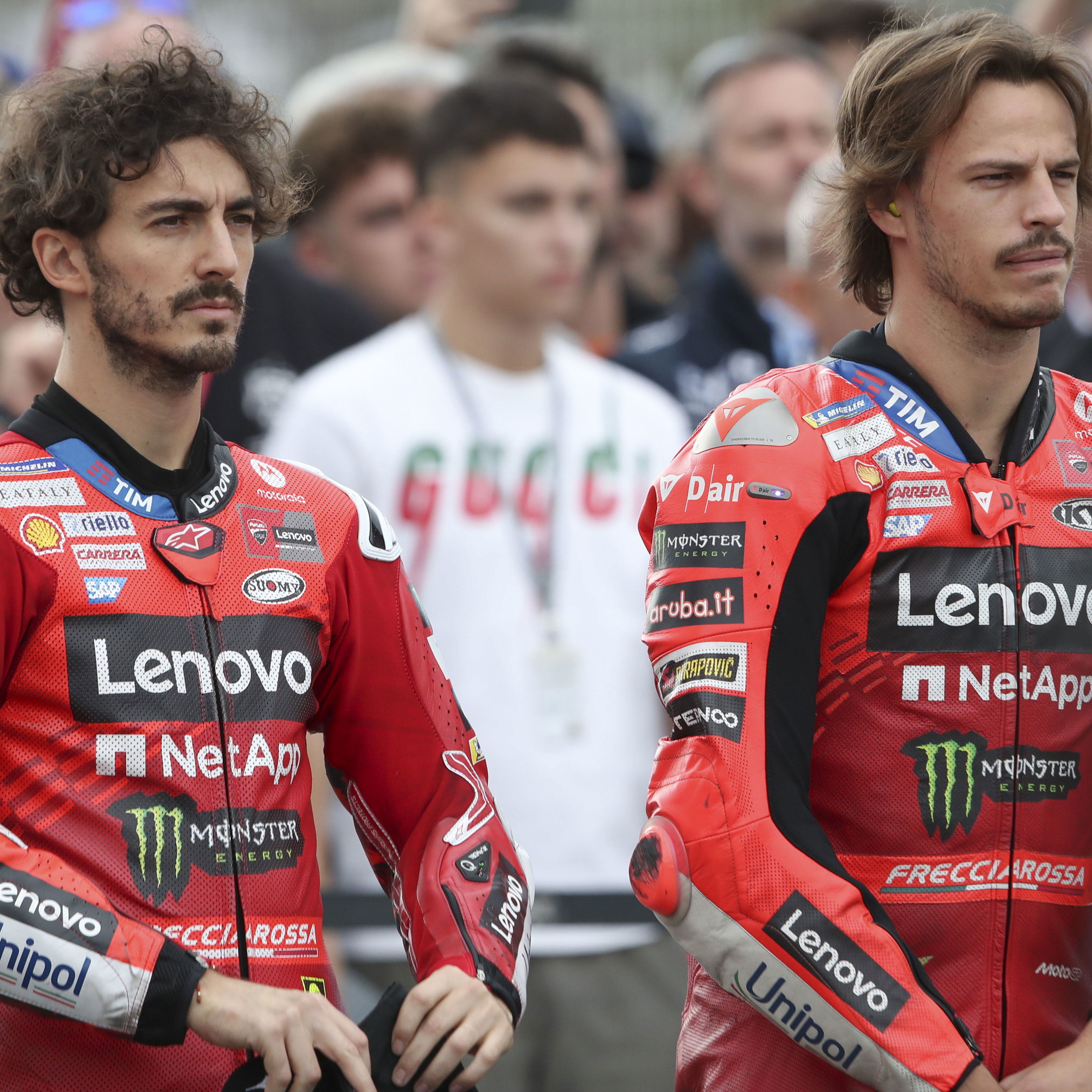 Francesco Bagnaia, Nicolo Bulega, 2025 MotoGP Valencia Grand Prix, pre-race ceremony. Credit: Gold and Goose.