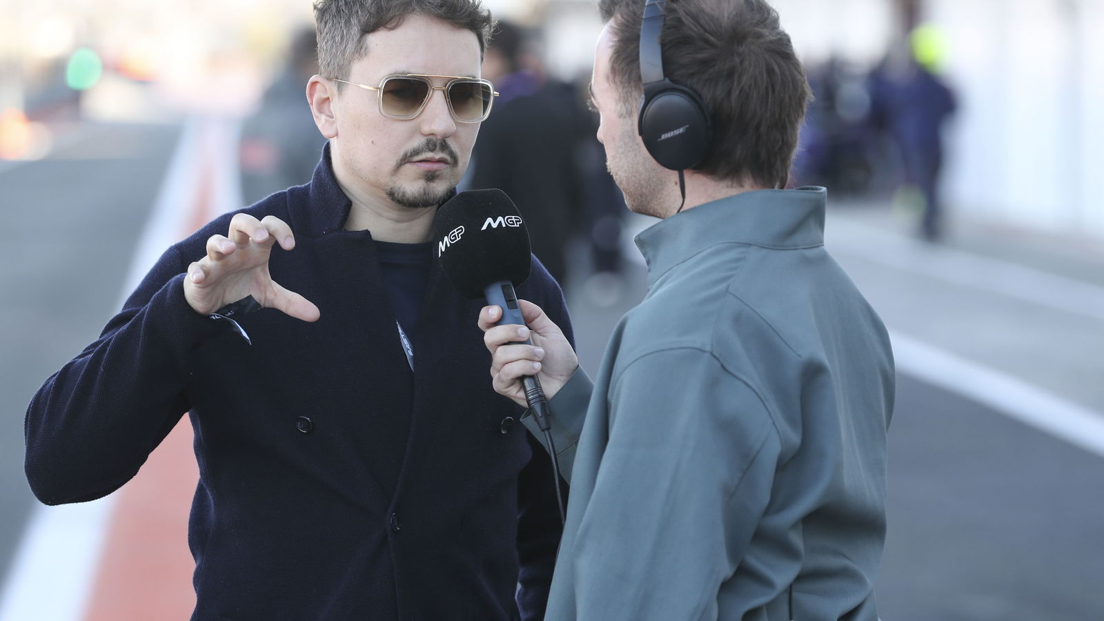 Jorge Lorenzo speaks with MotoGP.com's Jack Appleyard during 2025 MotoGP Valencia test. Credit: Gold and Goose.