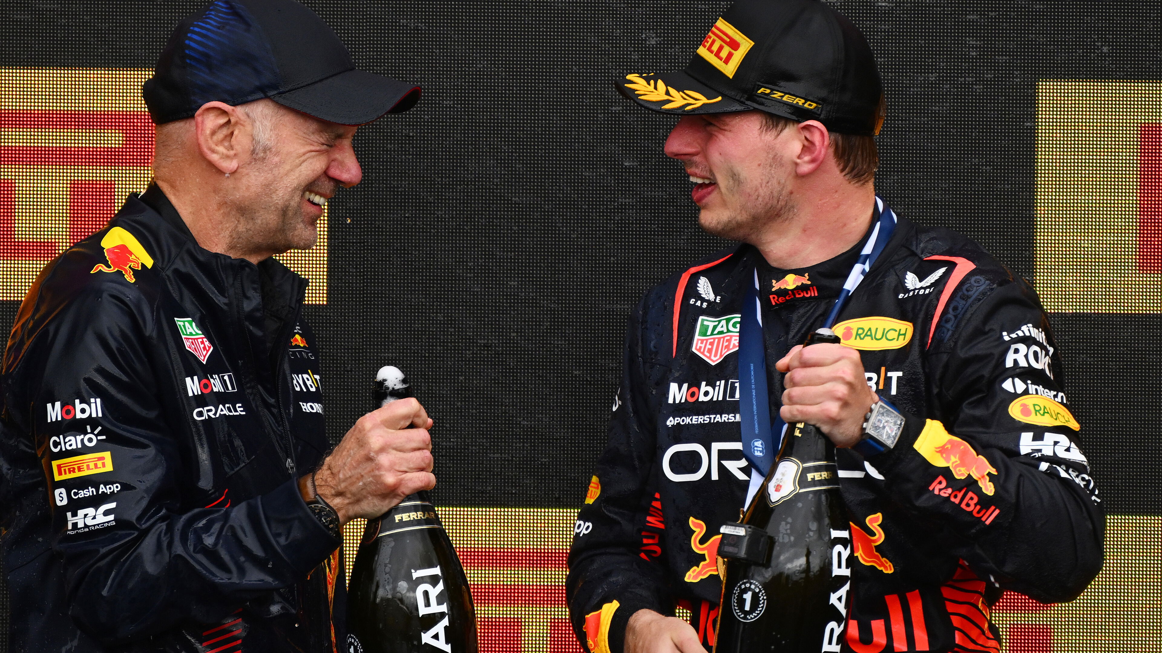 Newey and Verstappen celebrate on the podium