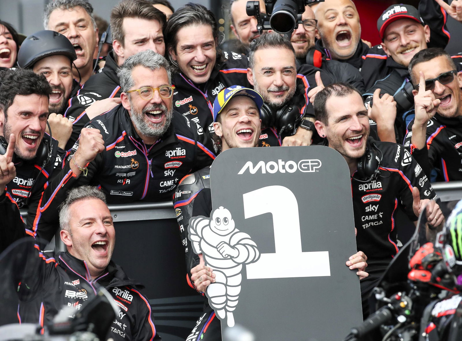 Marco Bezzecchi, Aprilia, celebrate victory at Silverstone.
