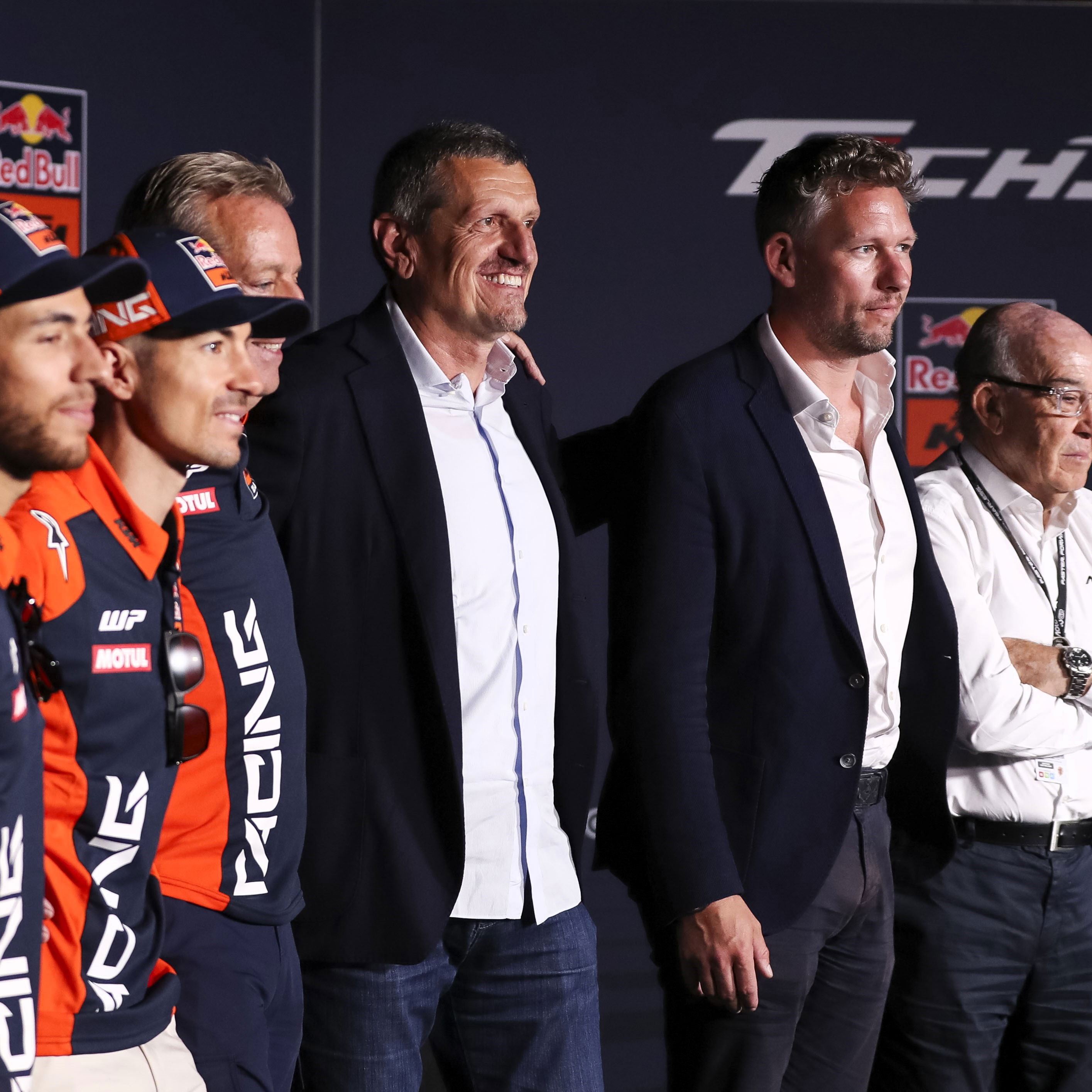  Guenther Steiner, Enea Bastianini, Maverick Vinales, Herve Poncharal, Richard Coleman, Carmelo Ezpeleta, Catalunya MotoGP, 5 September 2025