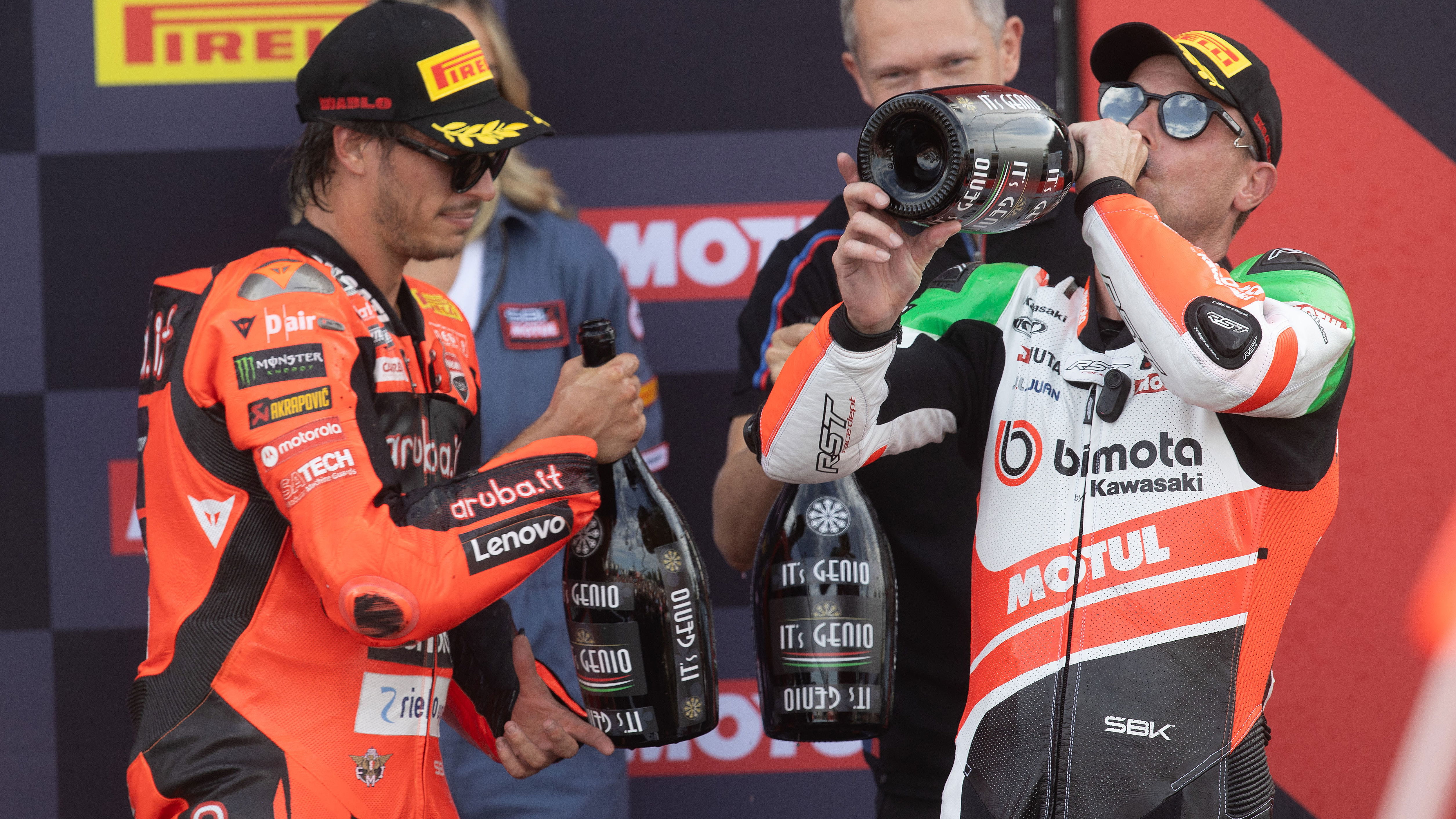 Alex Lowes, Nicolo Bulega, 2025 French WorldSBK, podium. Credit: Gold and Goose.