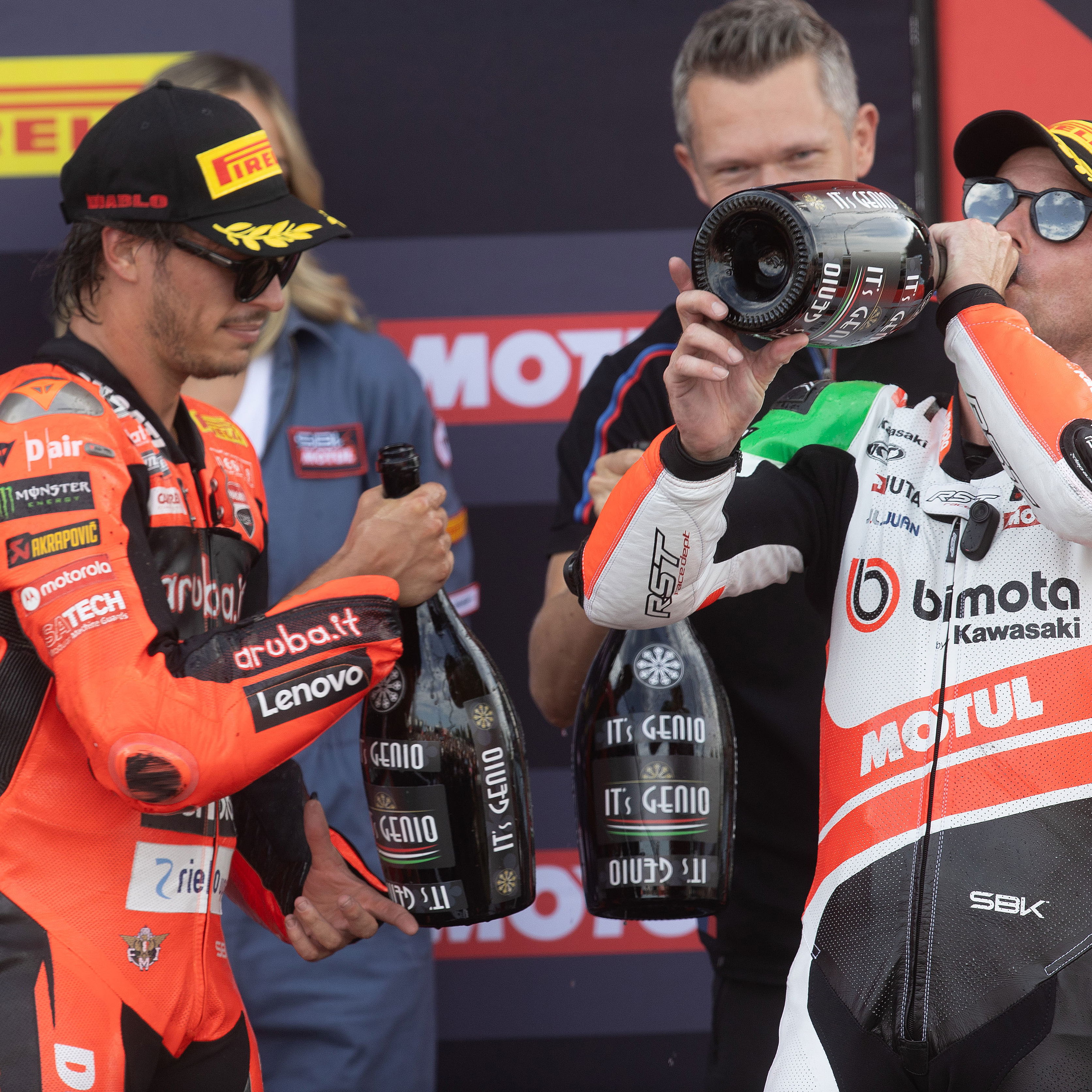 Alex Lowes, Nicolo Bulega, 2025 French WorldSBK, podium. Credit: Gold and Goose.