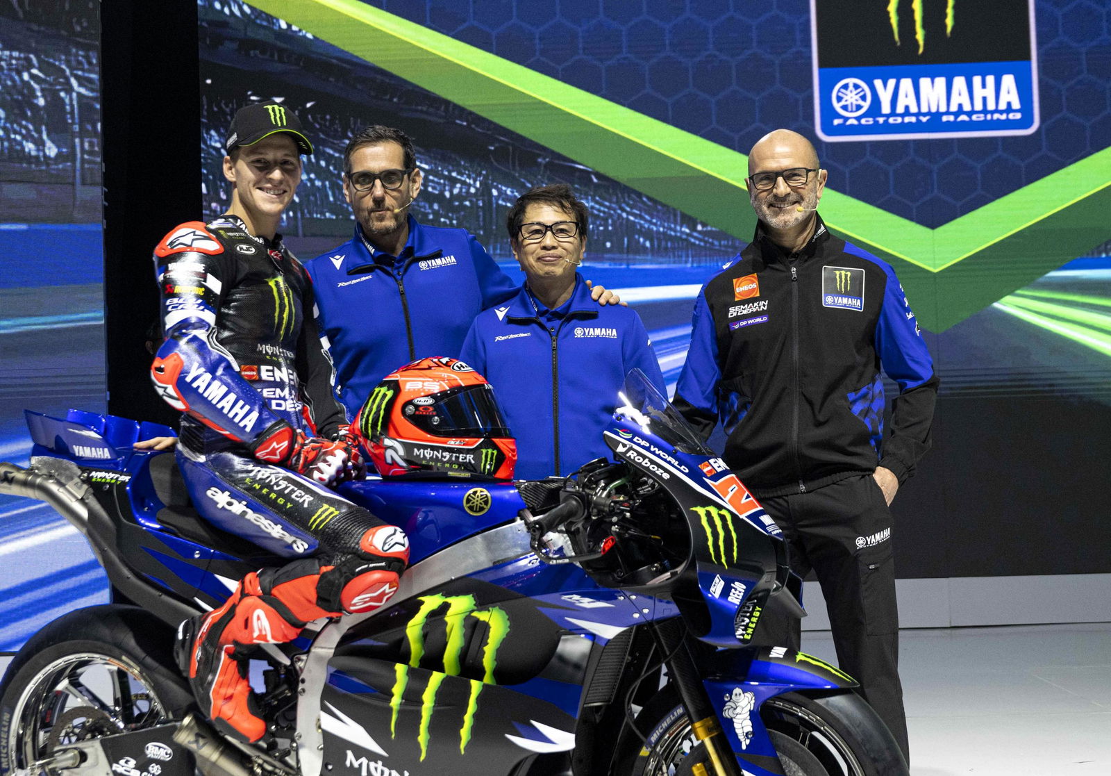 Massimo Meregalli (right) with Quartararo, Pavesio, Sumi at the 2026 Monster Yamaha launch.