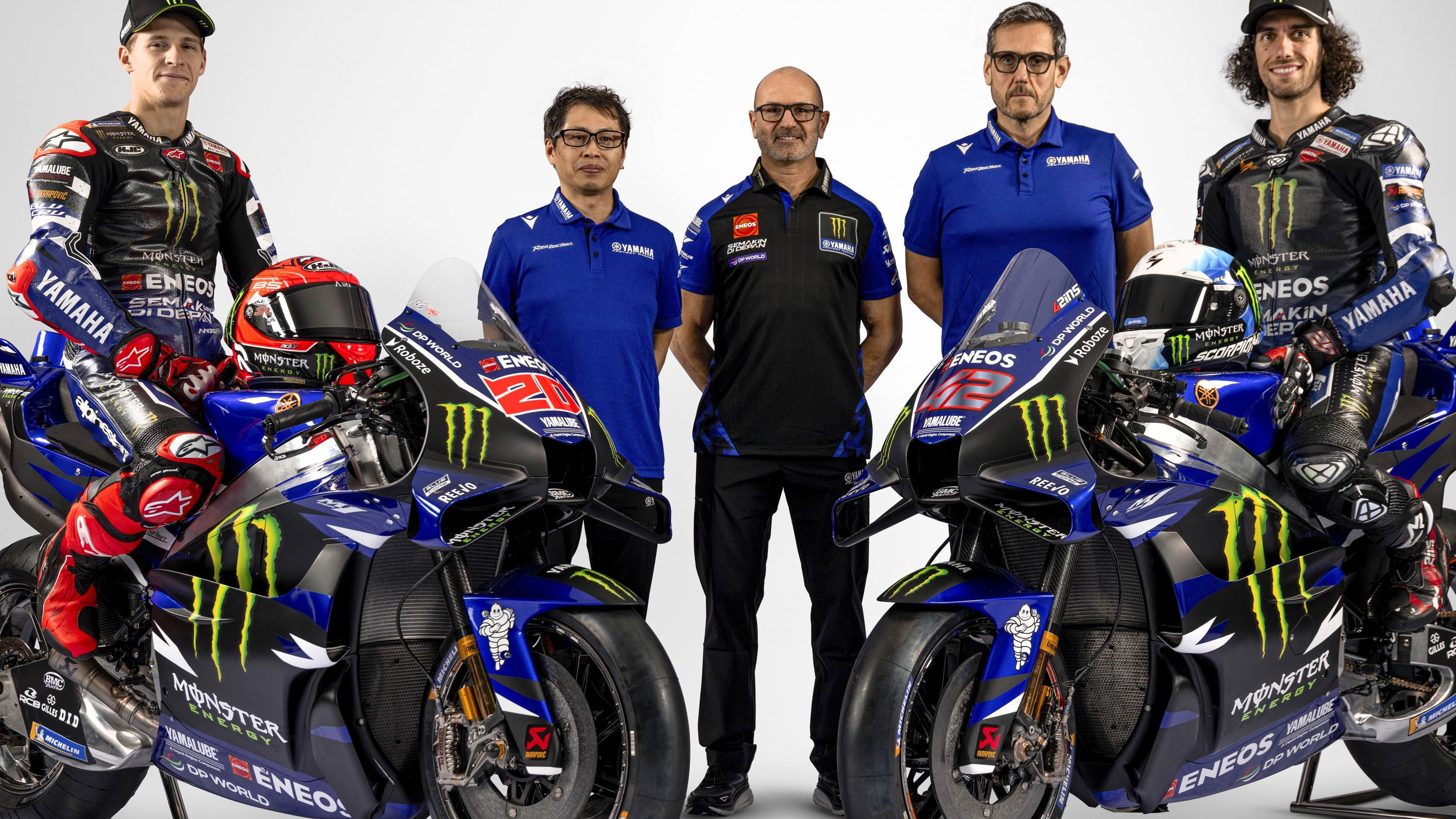 Quartararo, Sumi, Meregalli, Pavesio, Rins, 2026 Monster Yamaha launch.