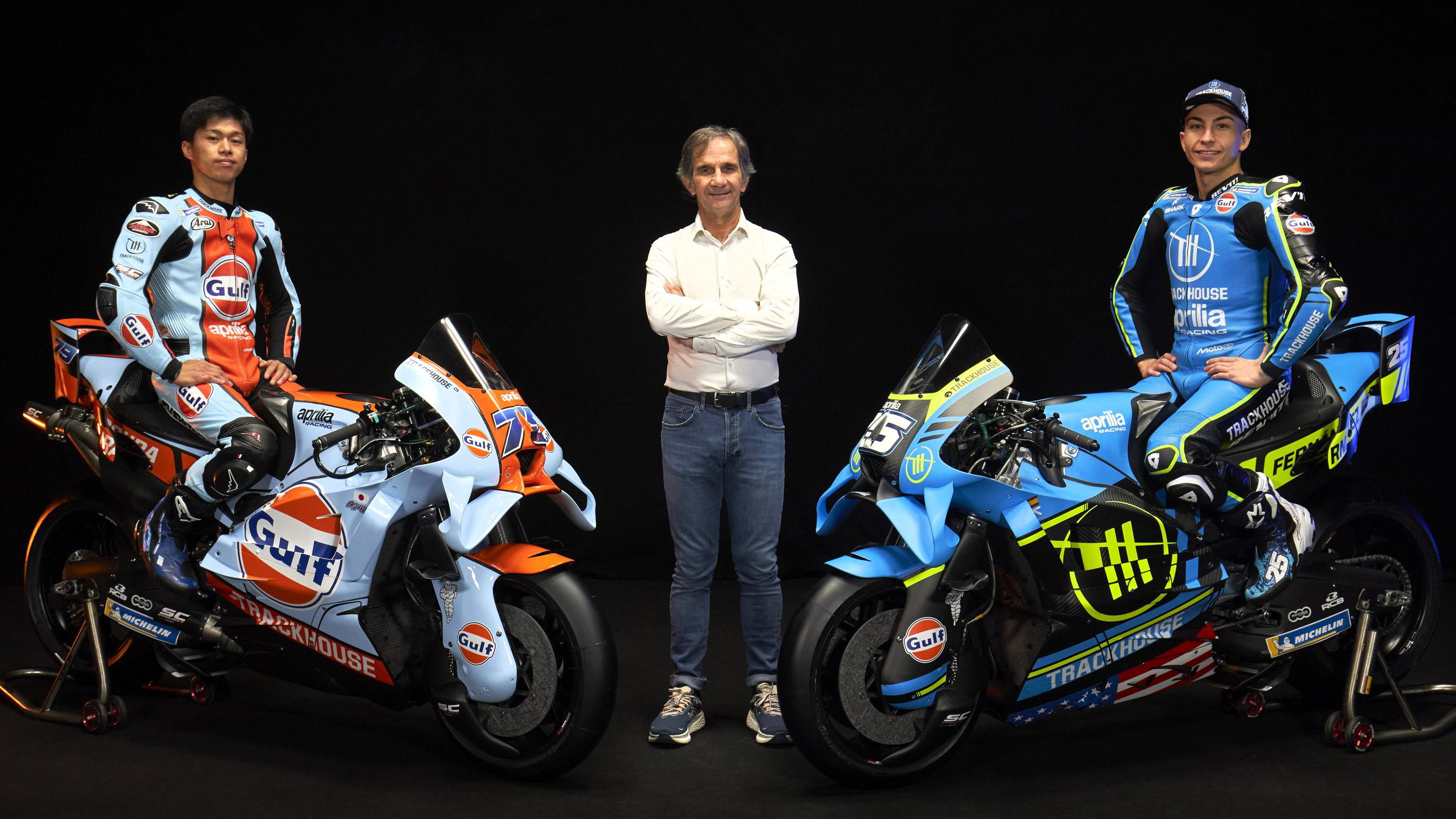 Ai Ogura, Davide Brivio, Raul Fernandez with 2026 Trackhouse colours.