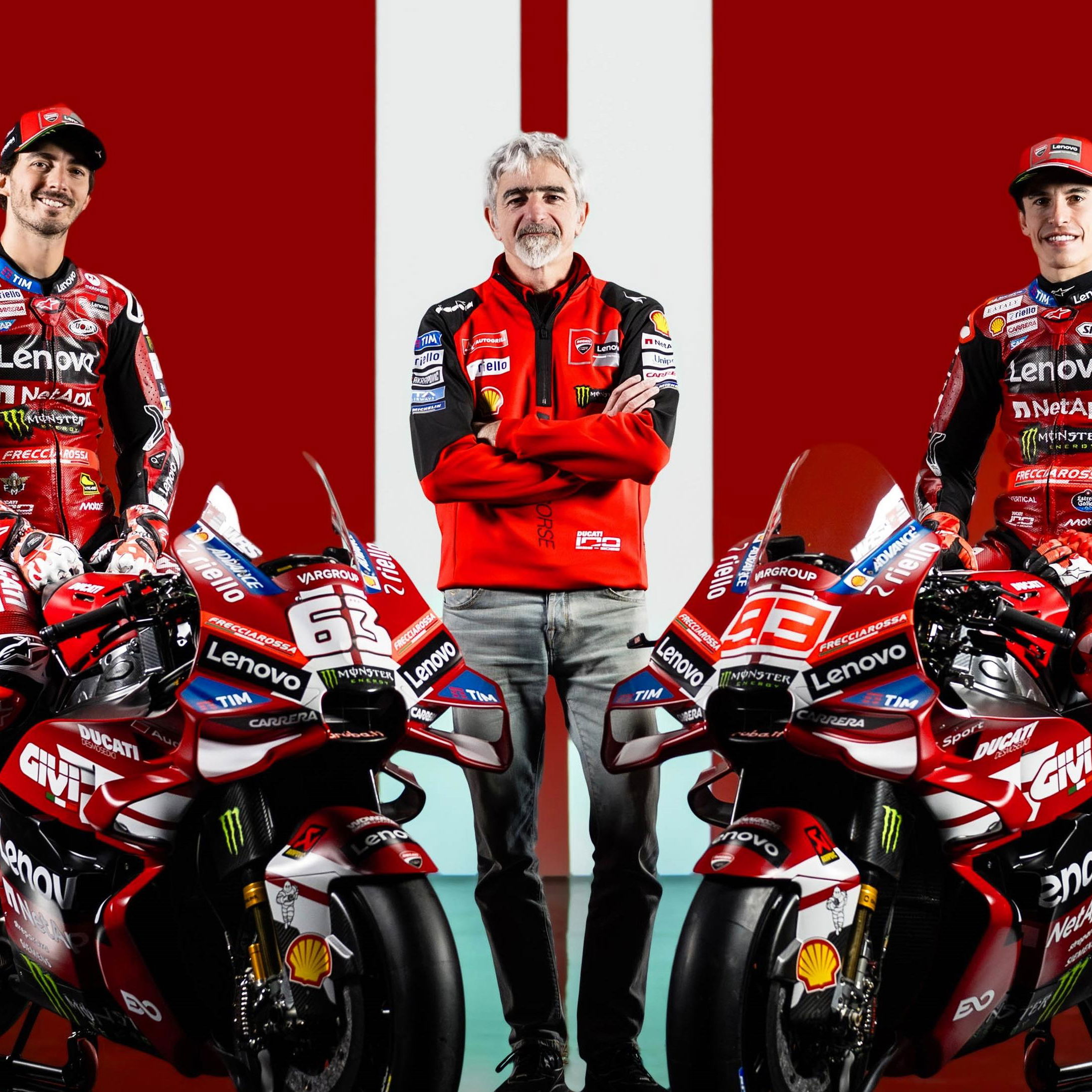 Francesco Bagnaia, Gigi Dall’Igna, Marc Marquez, 2026 Ducati launch.