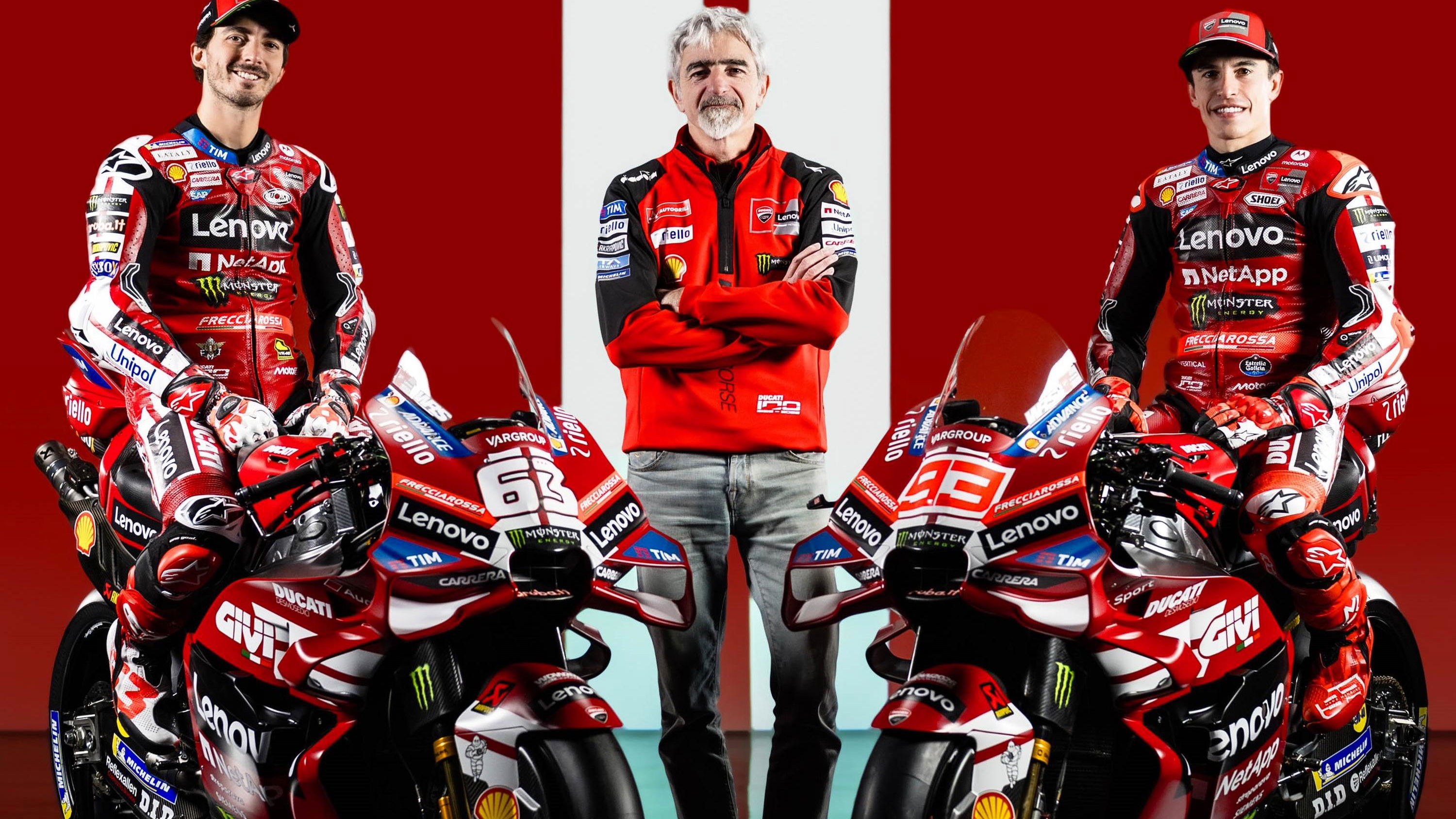 Francesco Bagnaia, Gigi Dall’Igna, Marc Marquez, 2026 Ducati launch.