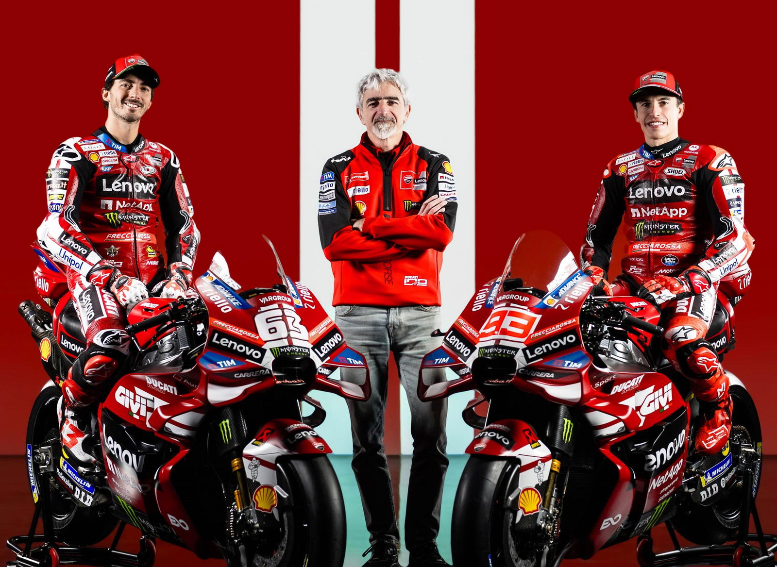 Francesco Bagnaia, Gigi Dall’Igna, Marc Marquez, 2026 Ducati launch.