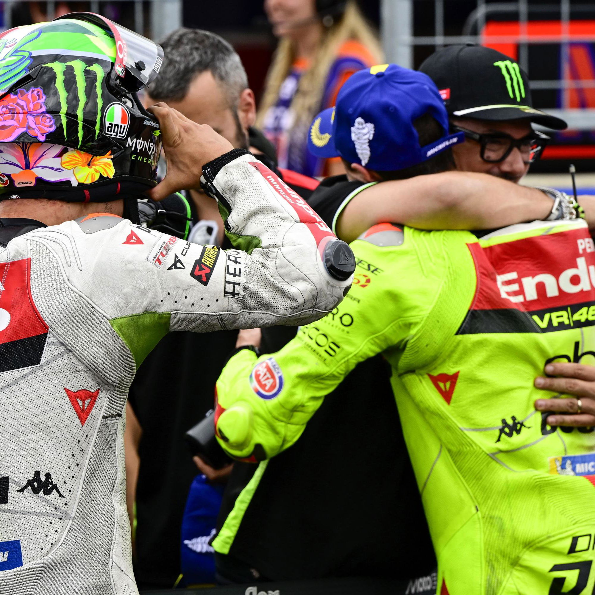 VR46 MotoGP riders Fabio di Giannantonio and Franco Morbidelli celebrate a 2025 Sprint podium.