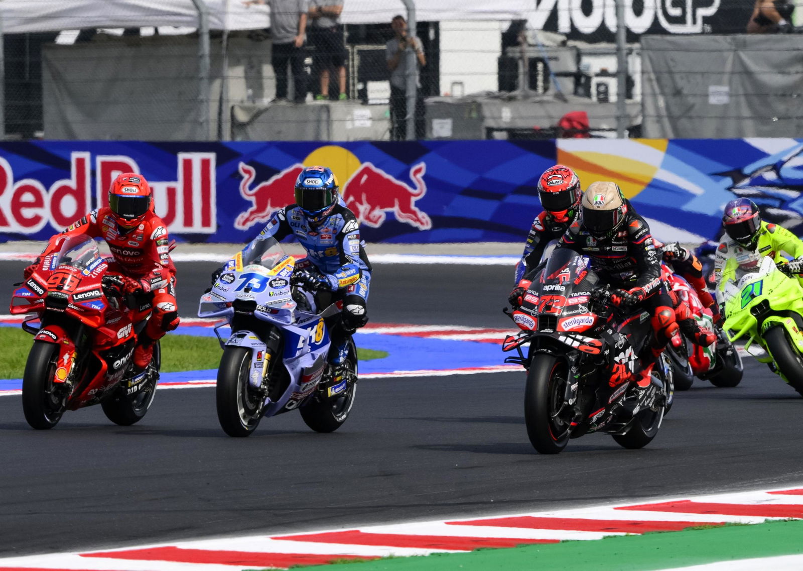 Left to right: The final 2025 world championship order of Marc Marquez 1st, Alex Marquez 2nd and Marco Bezzecchi 3rd.