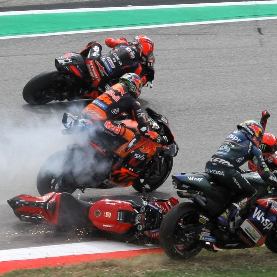 Francesco Bagnaia's accident at the start of the 2023 Catalunya MotoGP.