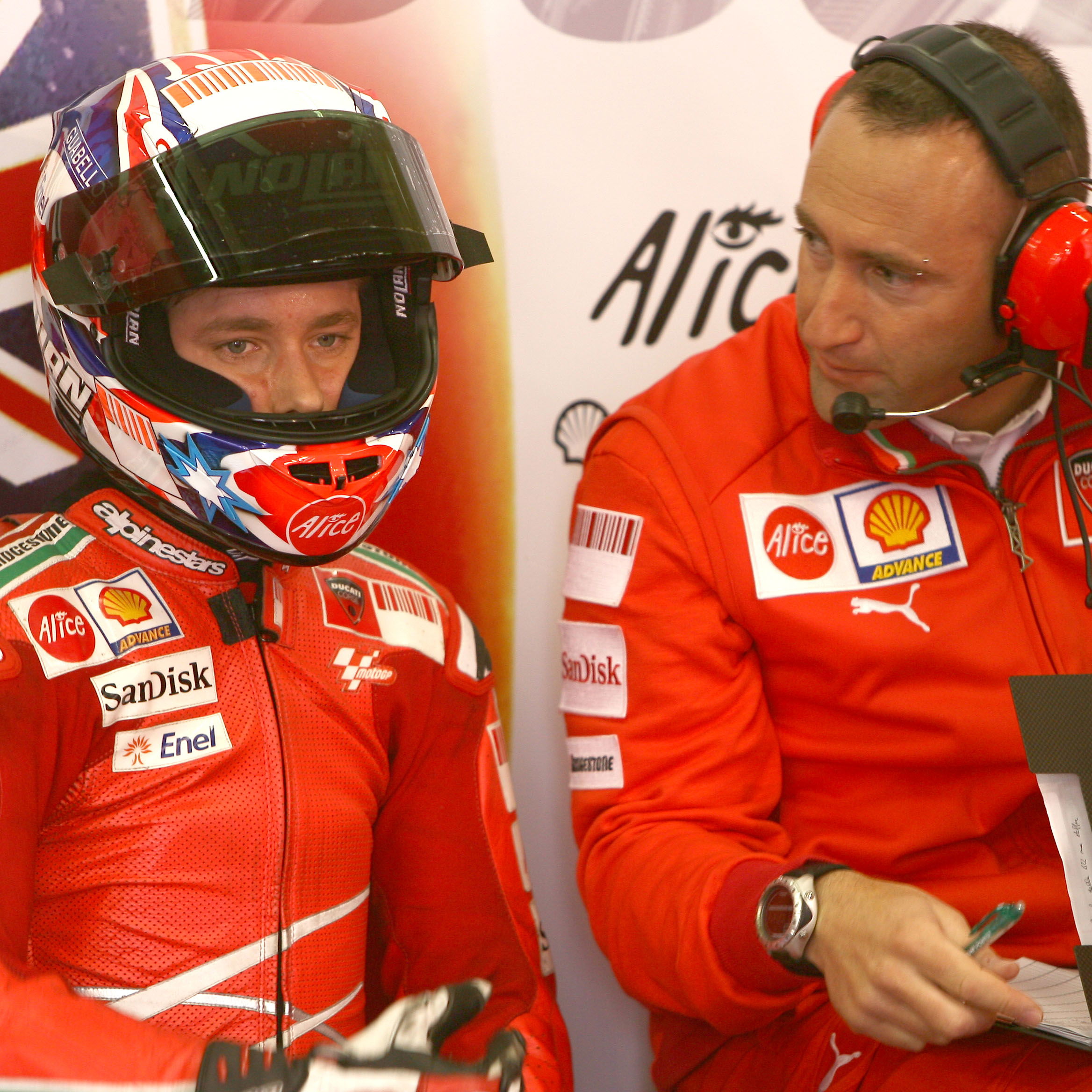 Casey Stoner with Christian Gabbarini, 2008 MotoGP French Grand Prix, pit box. Credit: Gold and Goose.