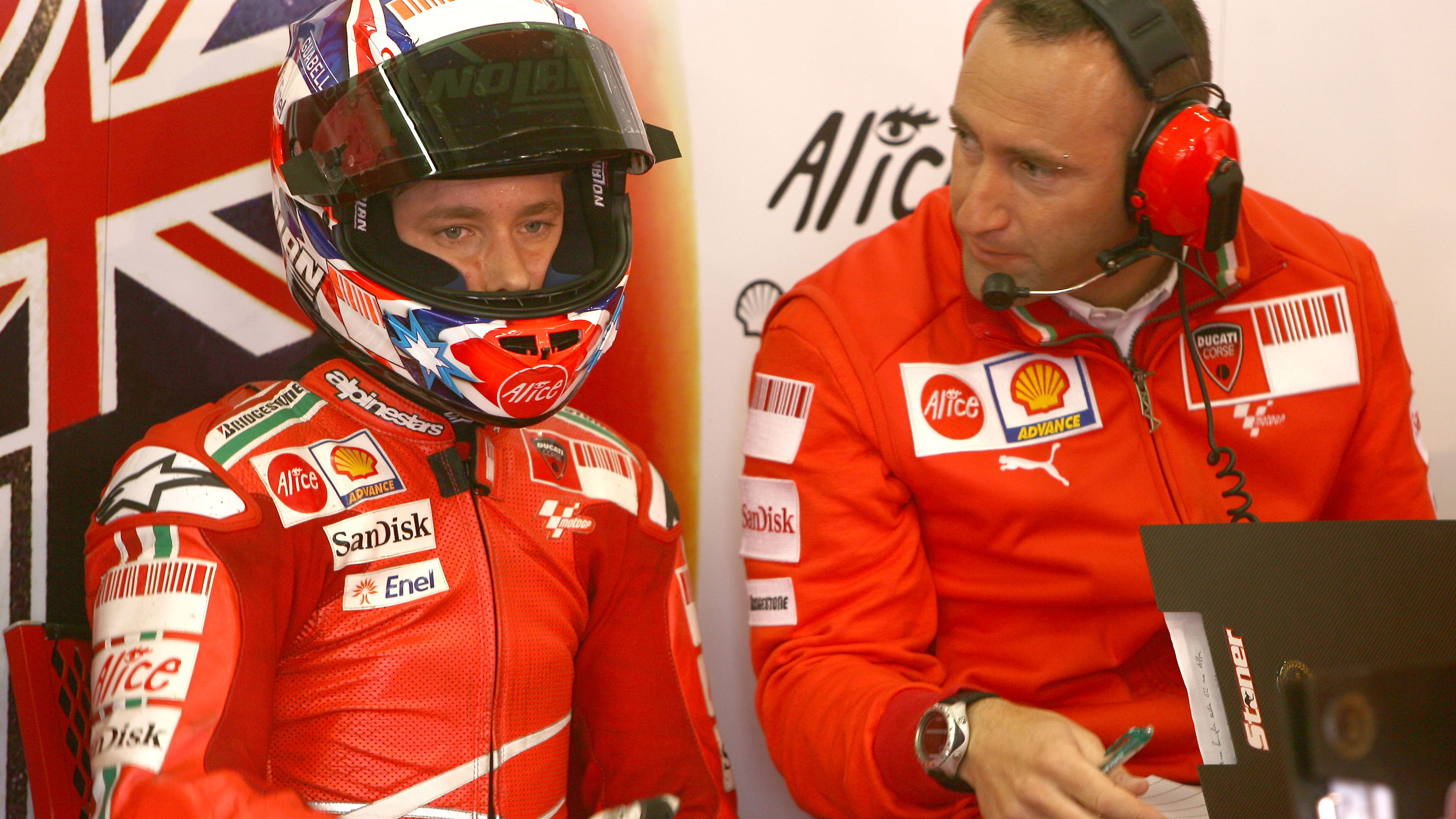 Casey Stoner with Christian Gabbarini, 2008 MotoGP French Grand Prix, pit box. Credit: Gold and Goose.