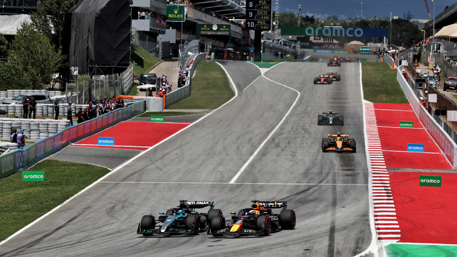 Max Verstappen and George Russell at the 2026 Spanish Grand Prix in Barcelona