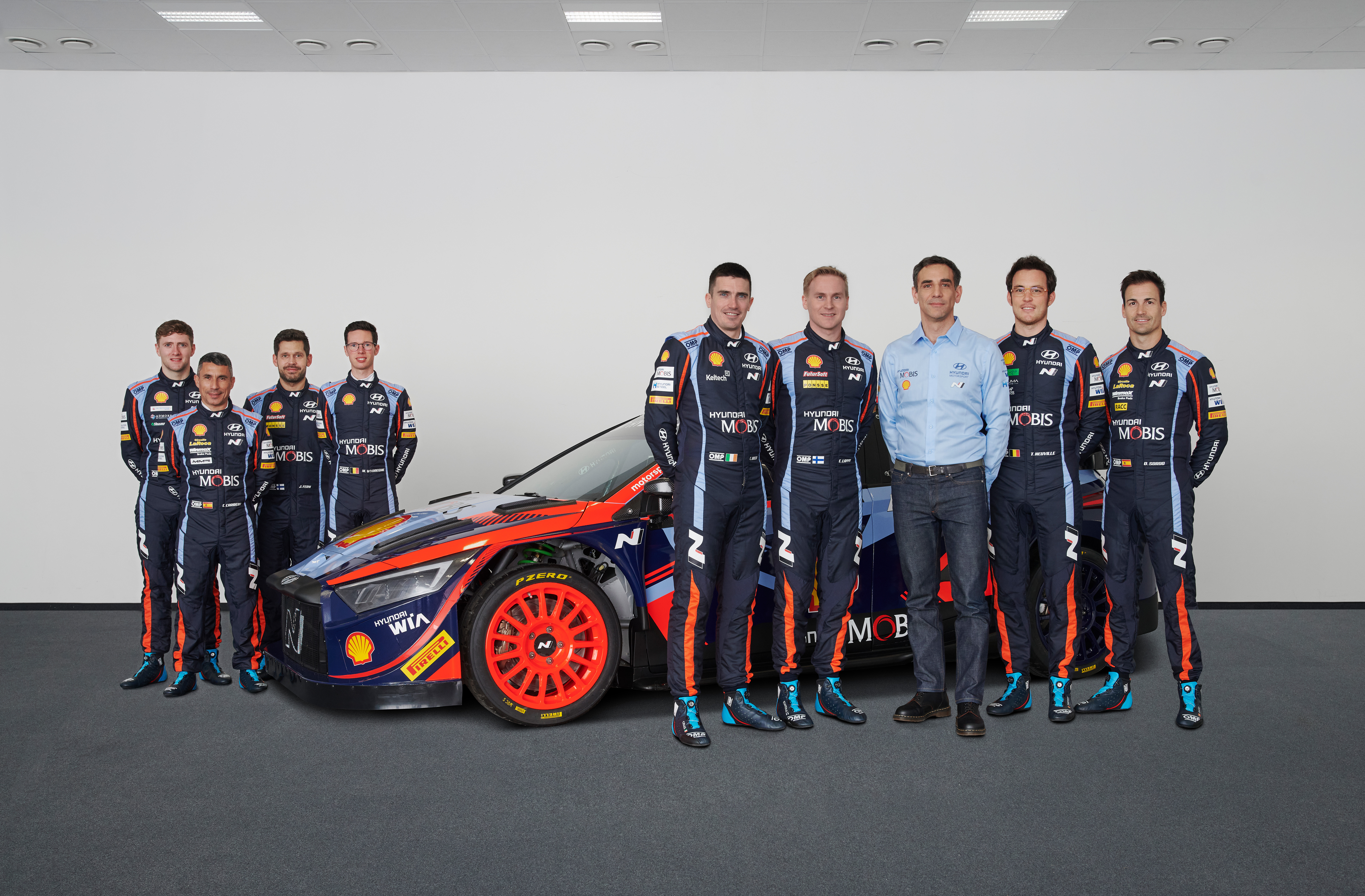 Cyril Abiteboul pictured with Hyundai Motorsport's WRC drivers and co-drivers crews