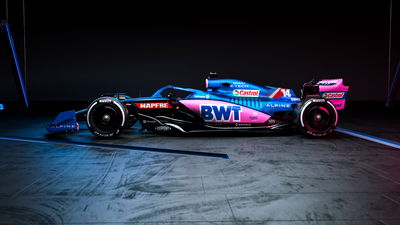 Alpine launch 2022 F1 car with blue and pink livery