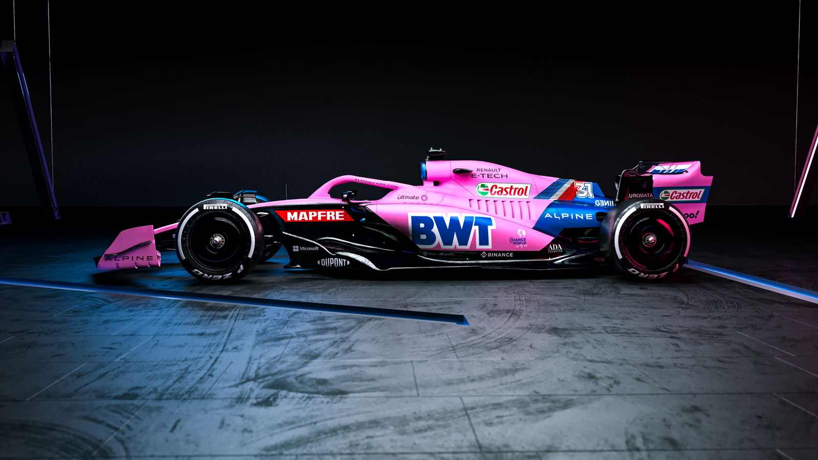 Alpine launch 2022 F1 car with blue and pink livery