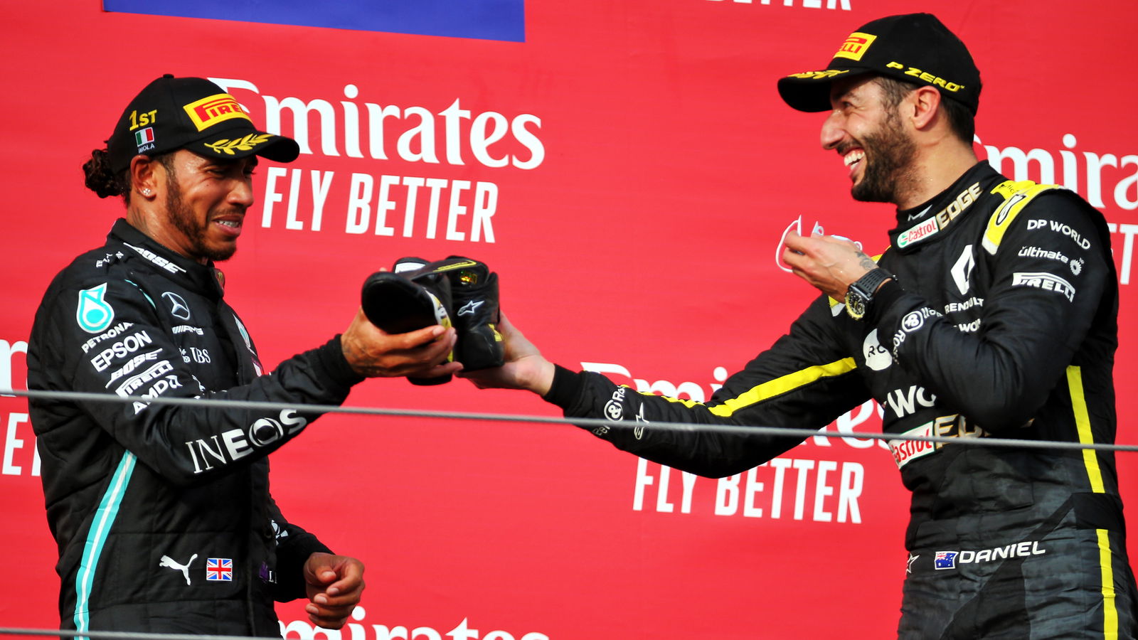Ricciardo revels in “majestic” shoey with Hamilton on F1 podium