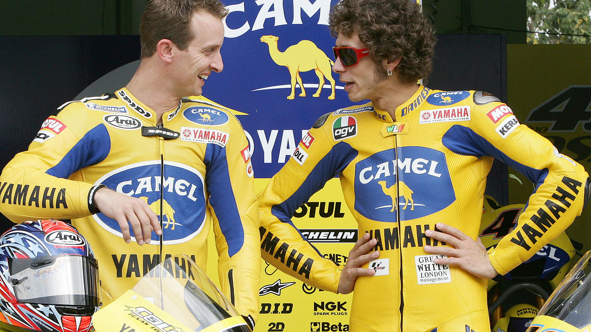 Edwards and Rossi in 2006 Camel colours, Sepang MotoGP tests, January 2006