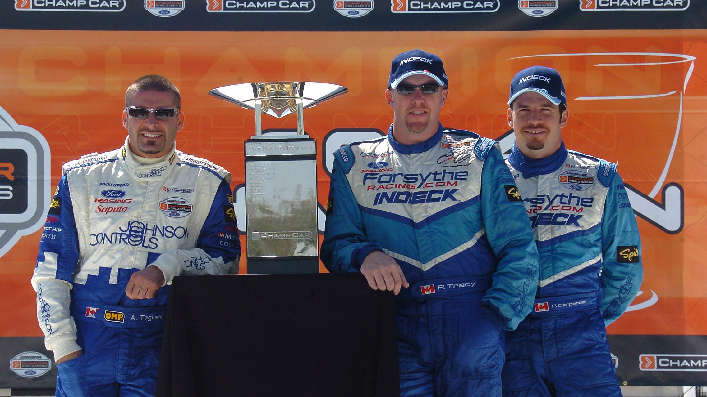 Alex Tagliani, Paul Tracy and Patrick Carpentier with the Natons Cup in Mexico City.