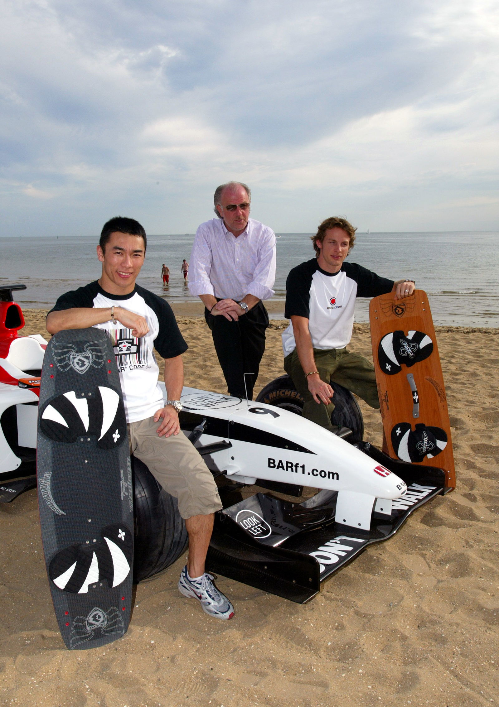 Takuma Sato, David Richards and Jenson Button of BAR-Honda