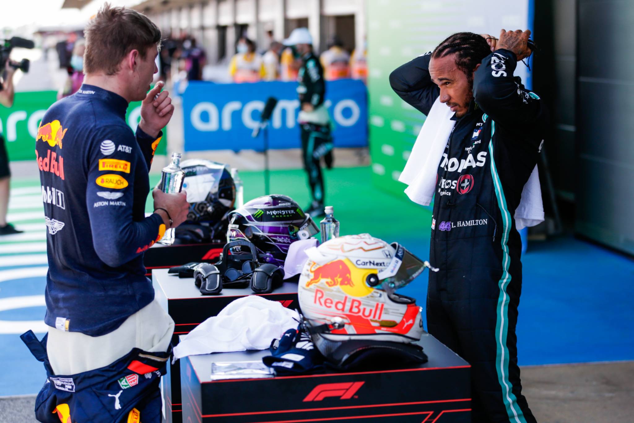 (L to R): Max Verstappen (NLD) Red Bull Racing and Lewis Hamilton (GBR) Mercedes AMG F1 in qualifying parc ferme.