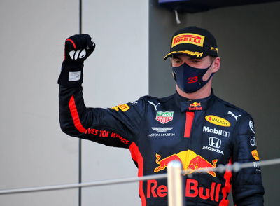 Max Verstappen (NLD) Red Bull Racing celebrates his second position on the podium.