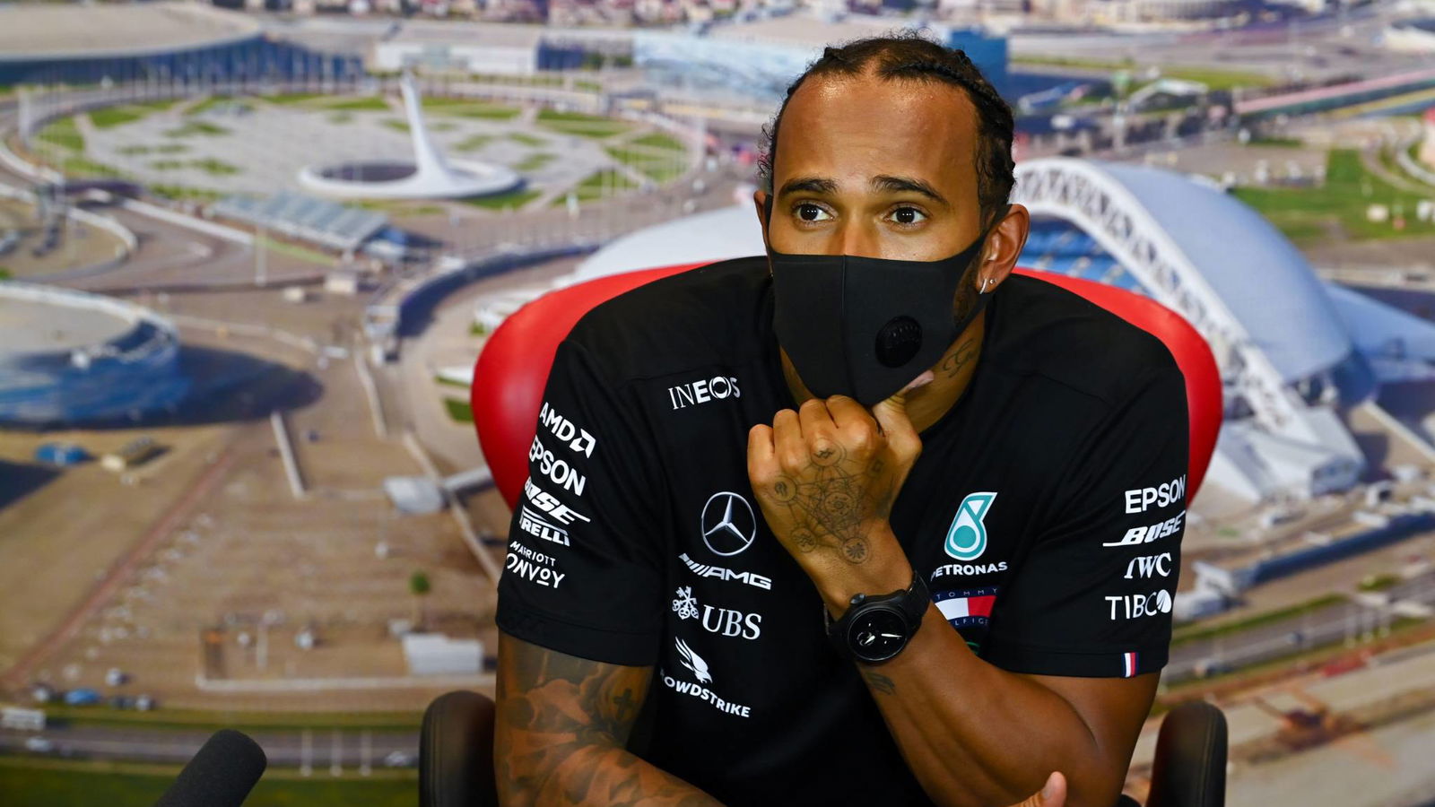 Lewis Hamilton (GBR) Mercedes AMG F1 in the qualifying FIA Press Conference.