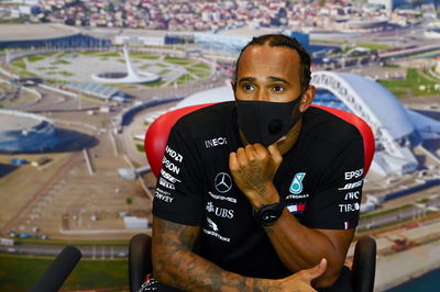 Lewis Hamilton (GBR) Mercedes AMG F1 in the qualifying FIA Press Conference.