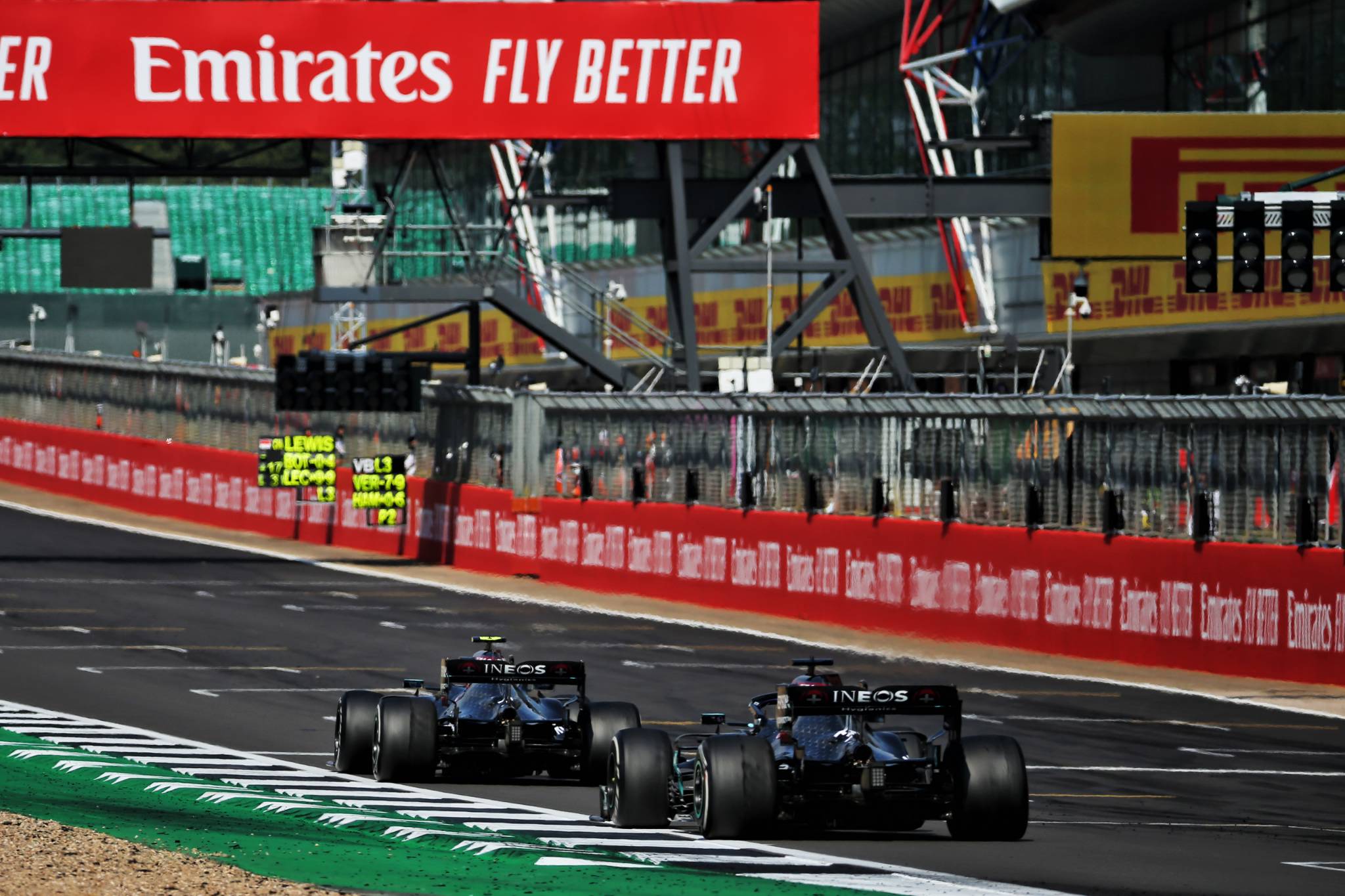 Valtteri Bottas (FIN) Mercedes AMG F1 W11 leads team mate Lewis Hamilton (GBR) Mercedes AMG F1 W11.